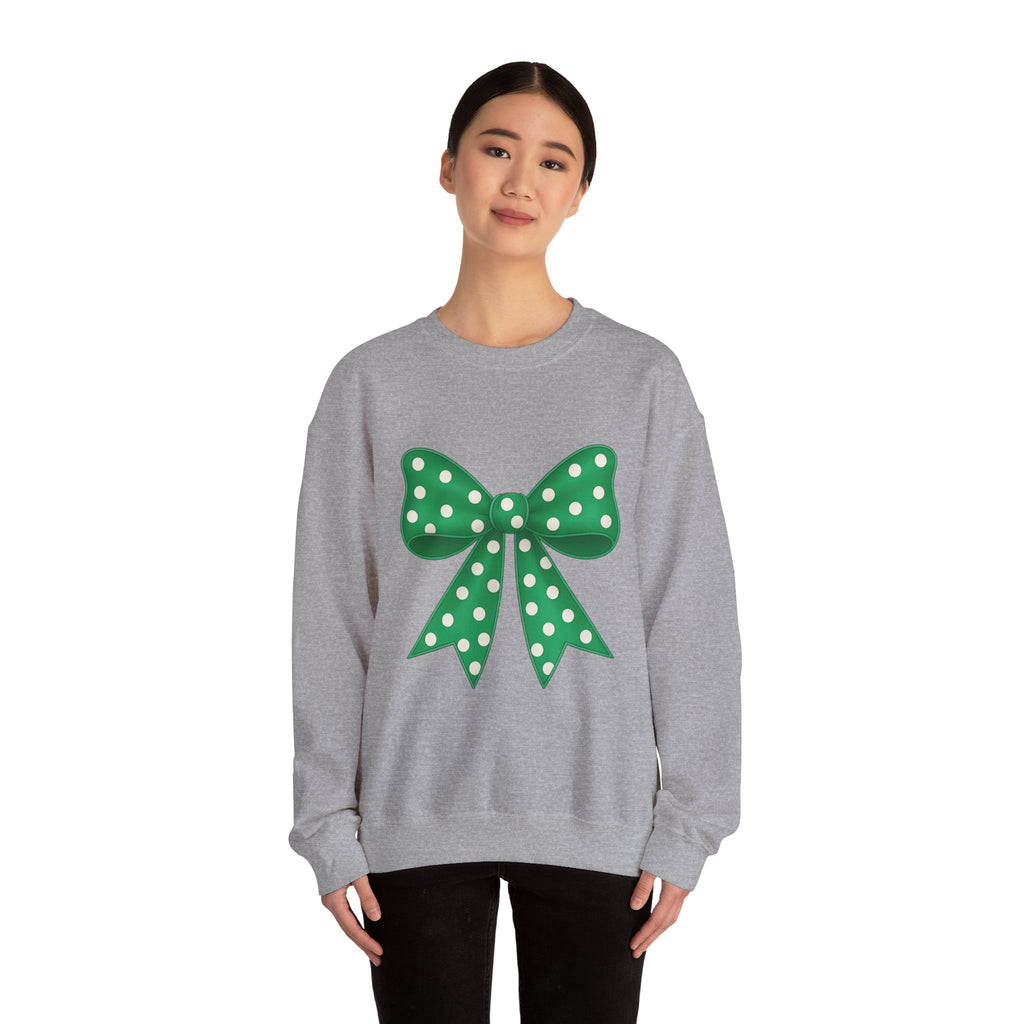 Green and White Polka Dot Bow Sweatshirt for Girls, Cute Unisex Crewneck, Birthday Gift, Bow Sweatshirt,