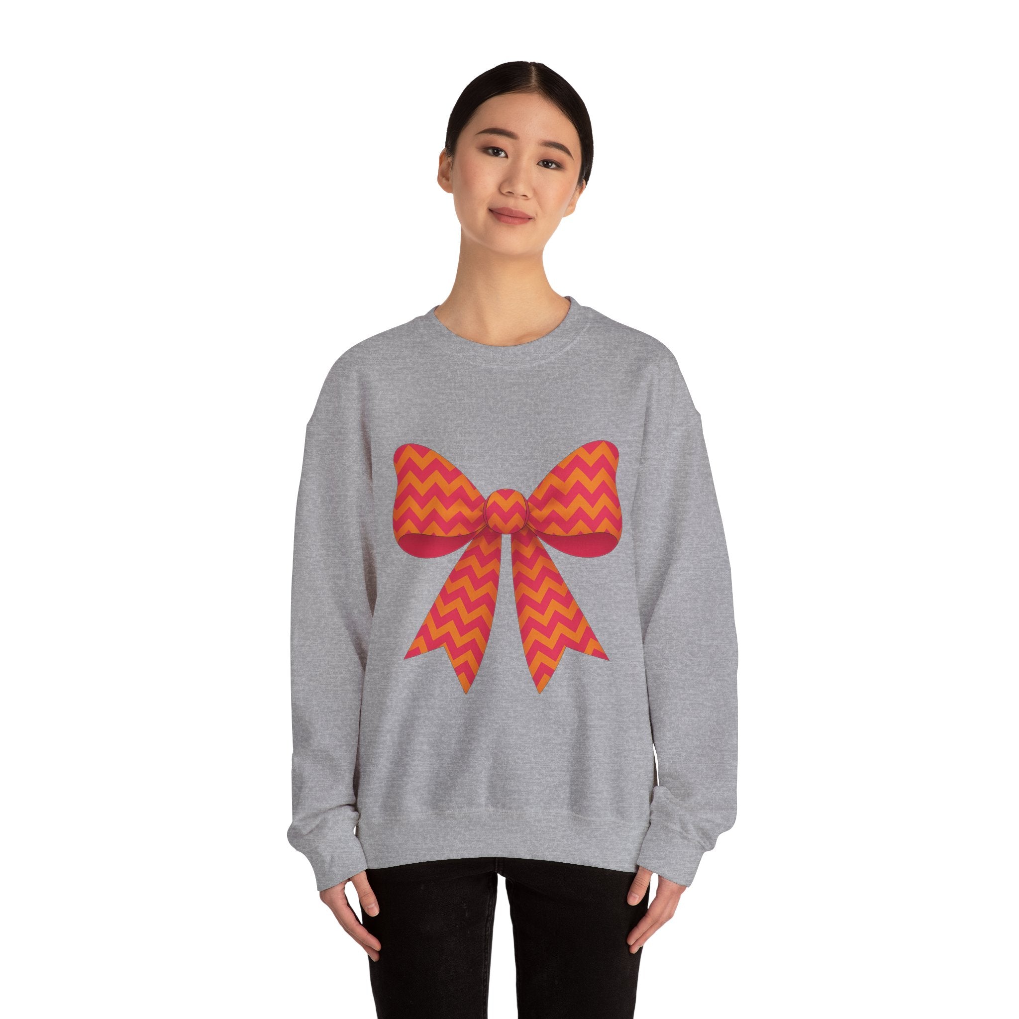 Orange and Pink Chevron Bow Sweatshirt, Cute Unisex Crewneck, Birthday Gift, Bow Sweatshirt, Bow Sweater