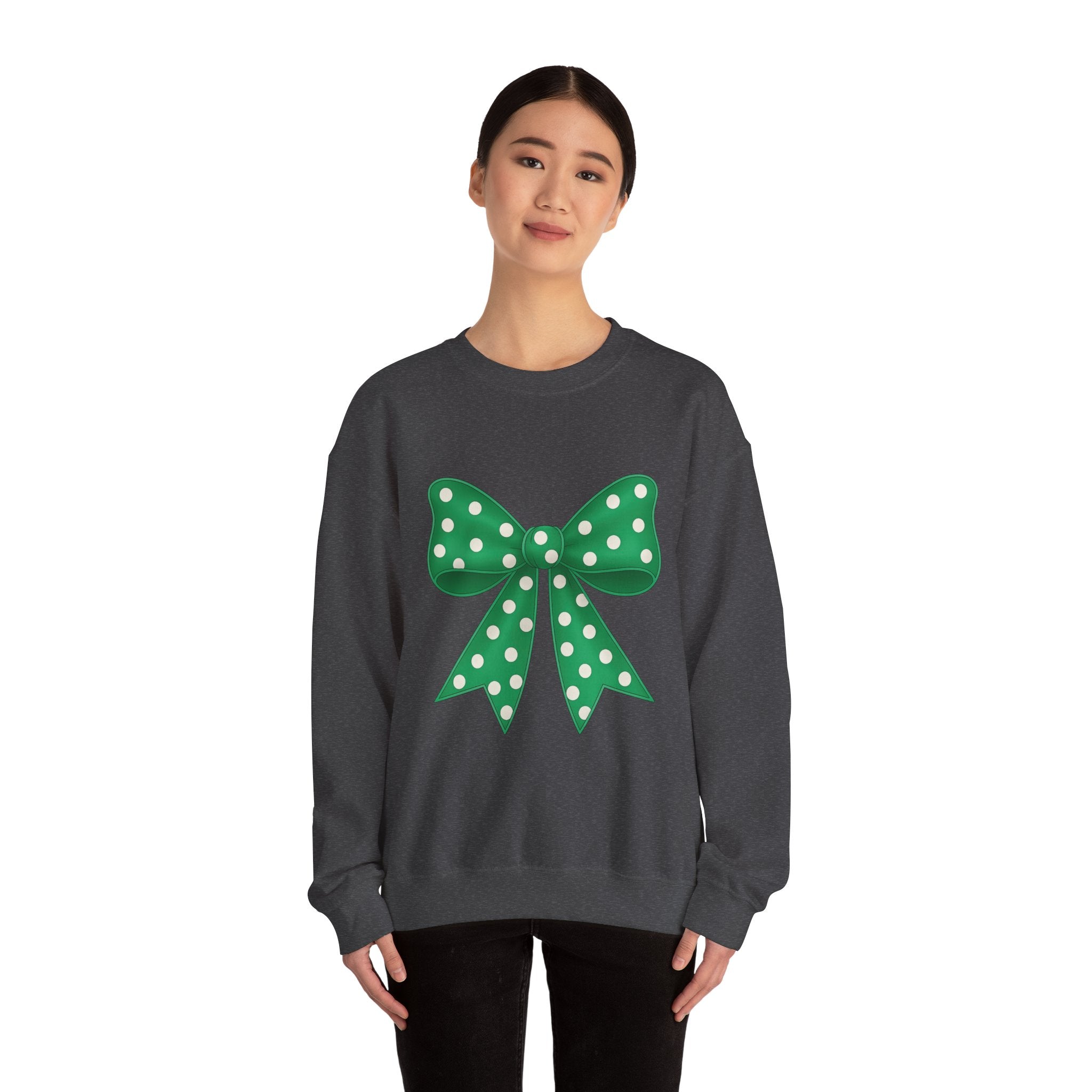 Green and White Polka Dot Bow Sweatshirt for Girls, Cute Unisex Crewneck, Birthday Gift, Bow Sweatshirt,
