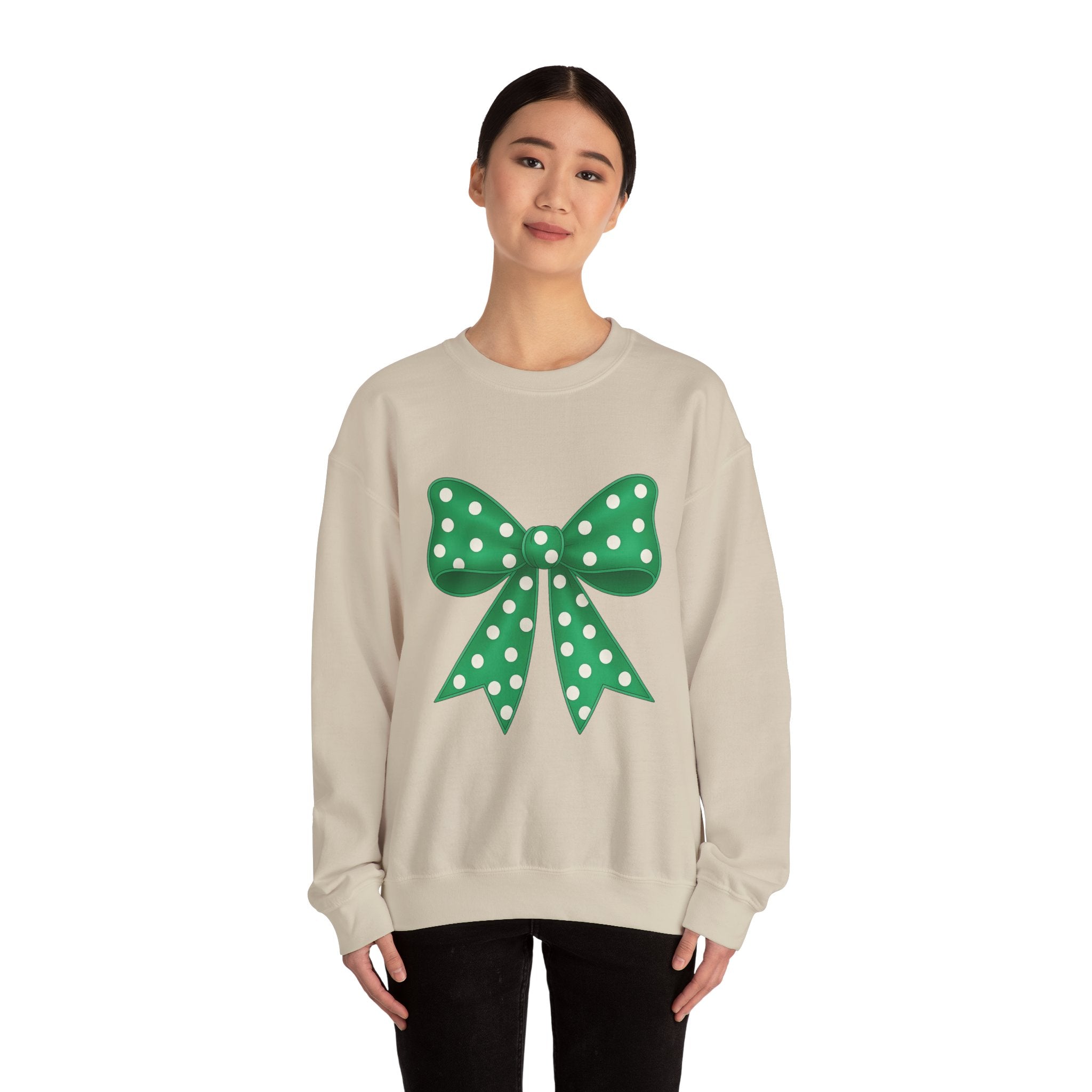 Green and White Polka Dot Bow Sweatshirt for Girls, Cute Unisex Crewneck, Birthday Gift, Bow Sweatshirt,
