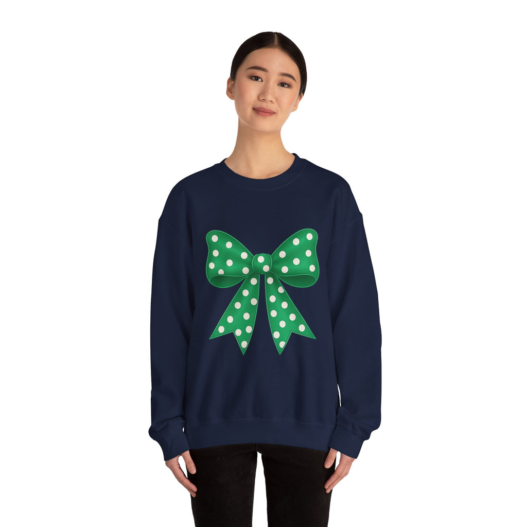 Christmas Polka Dot Bow Sweater, Cute Unisex Crewneck, Christmas Gift, Bow Sweatshirt, Greenand White Bow