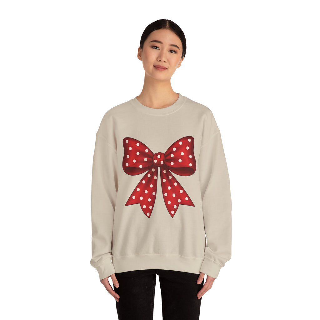 Christmas Polka Dot Bow Sweater, Cute Unisex Crewneck, Christmas Gift, Bow Sweatshirt, Red and White Bow