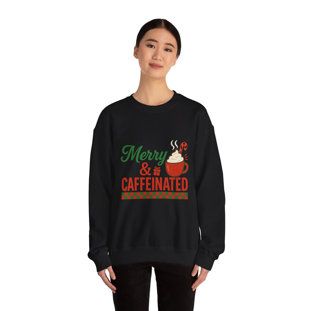 Merry & Caffeinated Christmas Sweatshirt - Christmas Fashion, Cozy Gift, Christmas Apparel, Christmas Decor, Christmas Outfit,