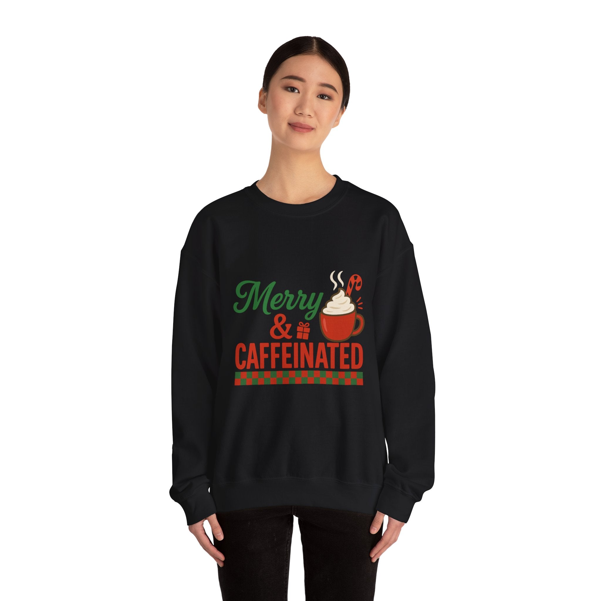 Merry & Caffeinated Christmas Sweatshirt - Christmas Fashion, Cozy Gift, Christmas Apparel, Christmas Decor, Christmas Outfit,