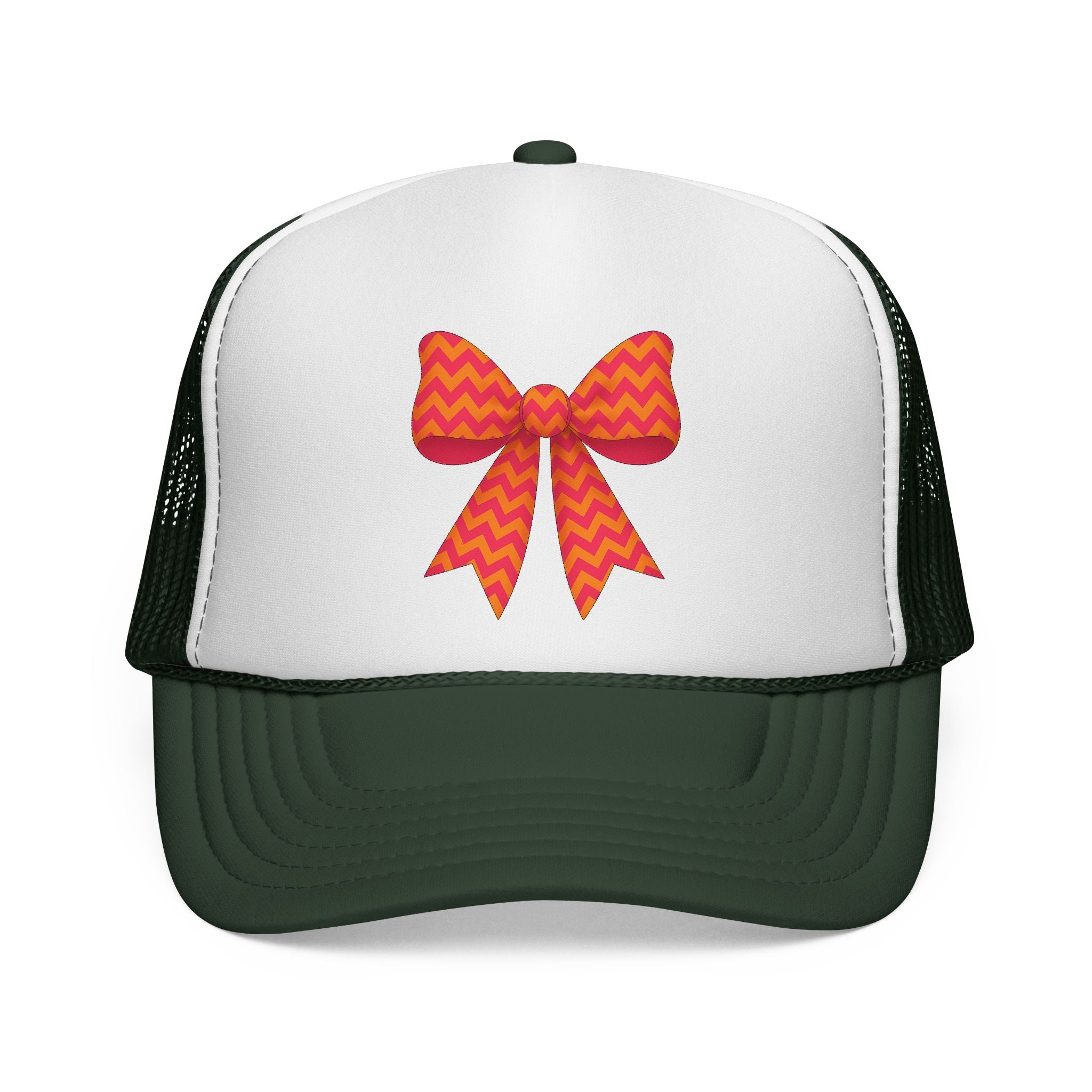 Charming Bow Trucker Cap | Cute Accessory for Everyday Wear, Gift for Birthdays, Cute Trucker Hat, Orange and Pink Chevron