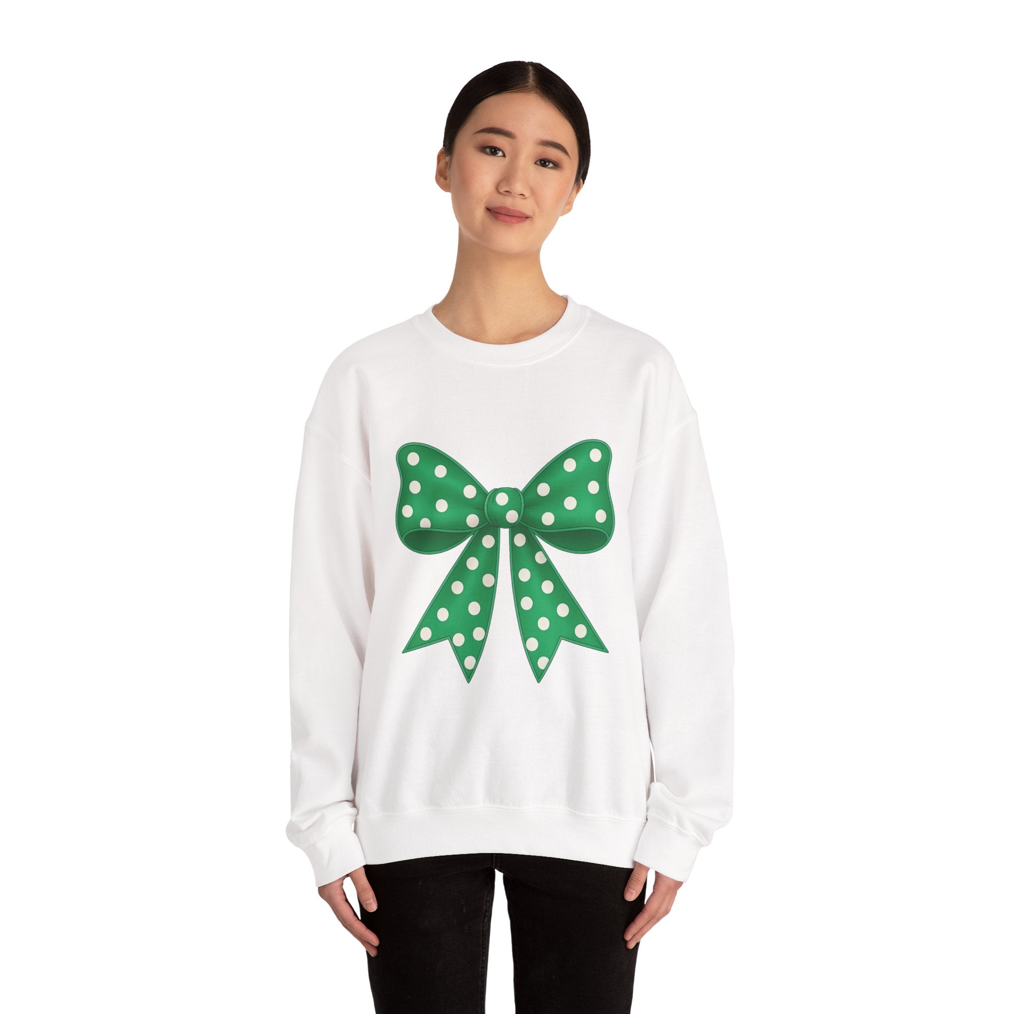 Christmas Polka Dot Bow Sweater, Cute Unisex Crewneck, Christmas Gift, Bow Sweatshirt, Greenand White Bow