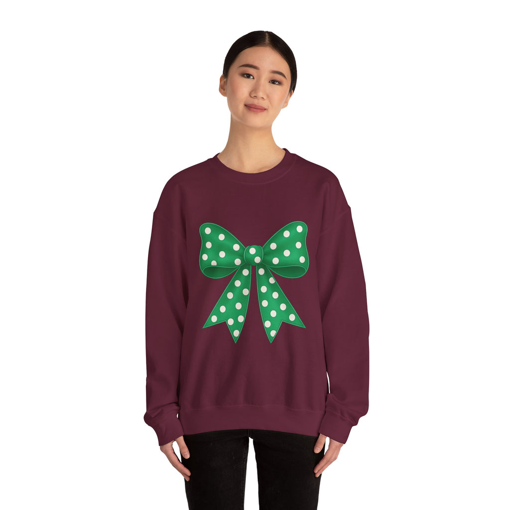 Christmas Polka Dot Bow Sweater, Cute Unisex Crewneck, Christmas Gift, Bow Sweatshirt, Greenand White Bow