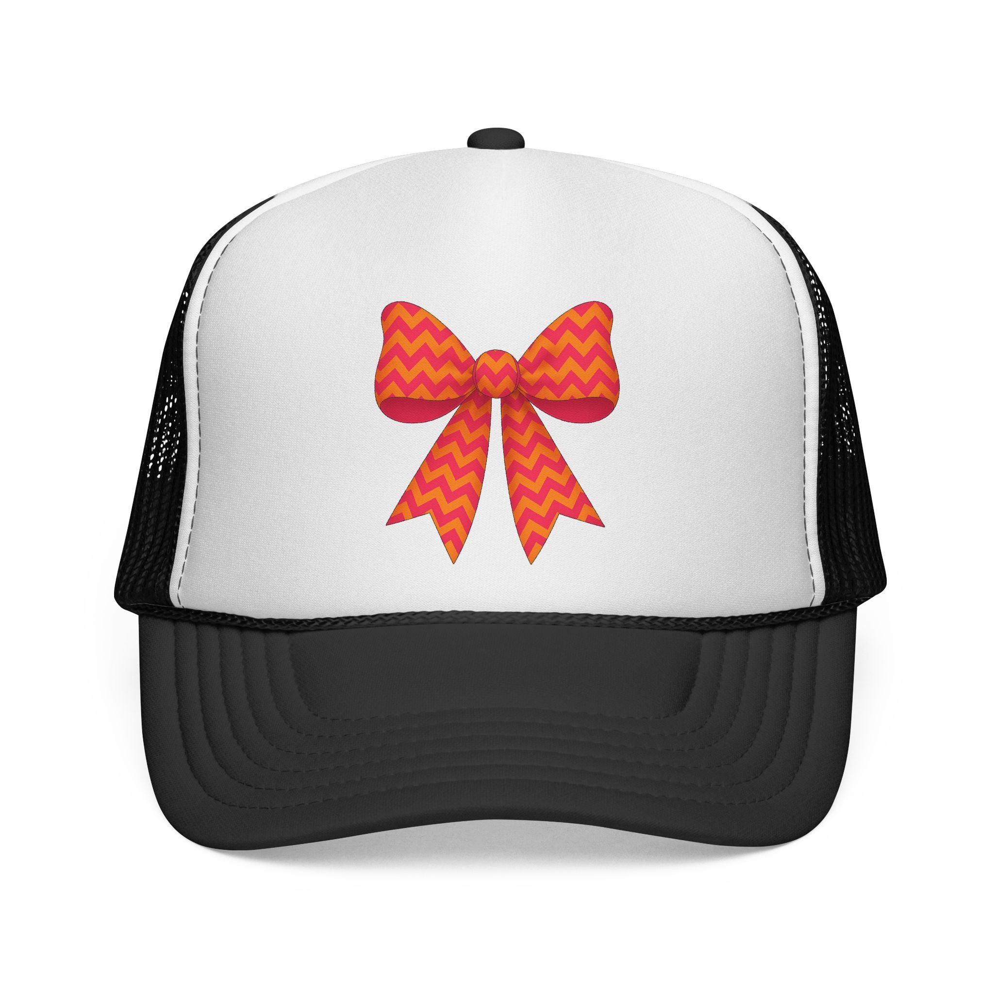 Charming Bow Trucker Cap | Cute Accessory for Everyday Wear, Gift for Birthdays, Cute Trucker Hat, Orange and Pink Chevron