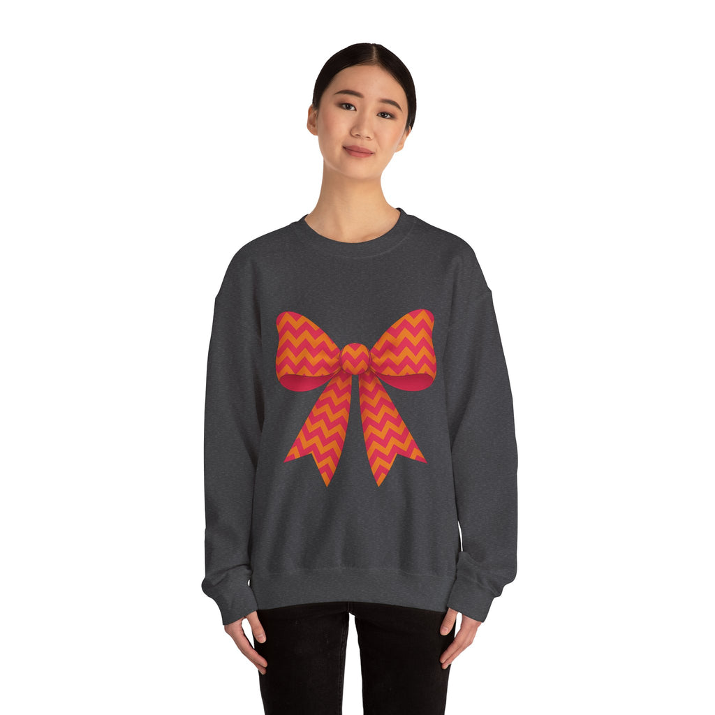 Orange and Pink Chevron Bow Sweatshirt, Cute Unisex Crewneck, Birthday Gift, Bow Sweatshirt, Bow Sweater