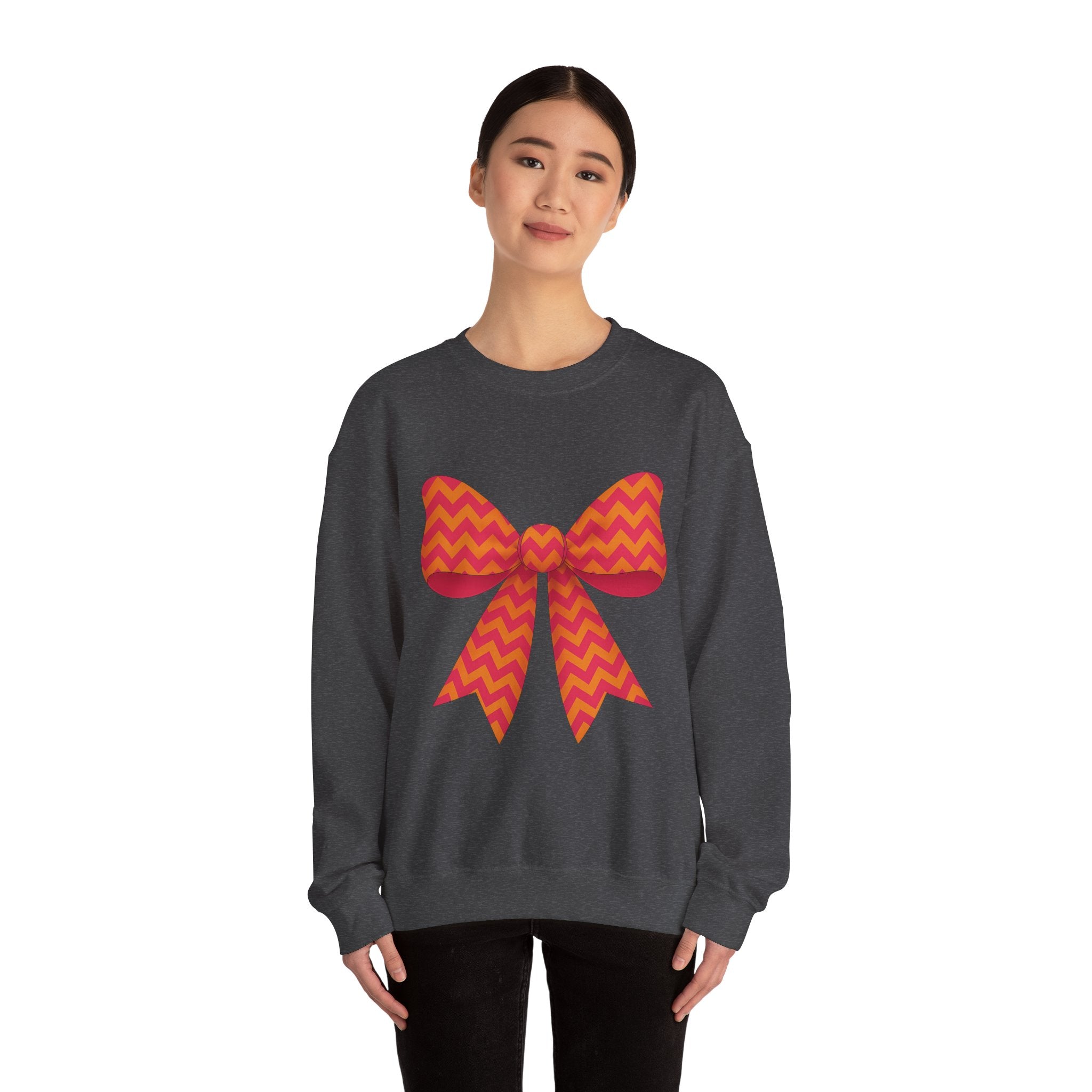 Orange and Pink Chevron Bow Sweatshirt, Cute Unisex Crewneck, Birthday Gift, Bow Sweatshirt, Bow Sweater
