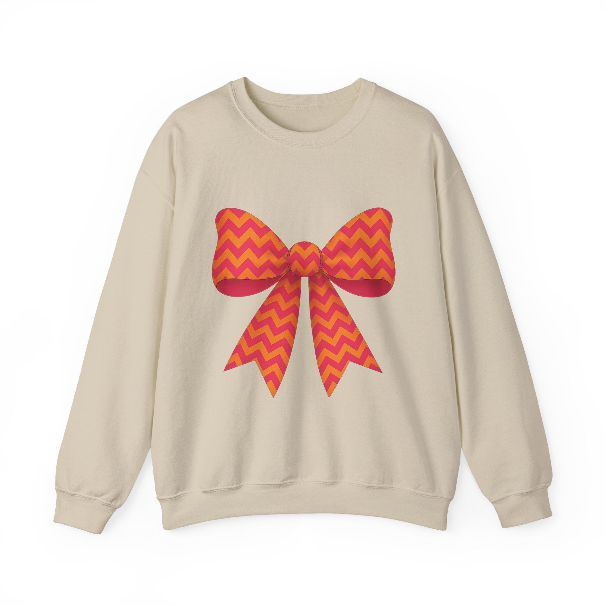 Orange and Pink Chevron Bow Sweatshirt, Cute Unisex Crewneck, Birthday Gift, Bow Sweatshirt, Bow Sweater