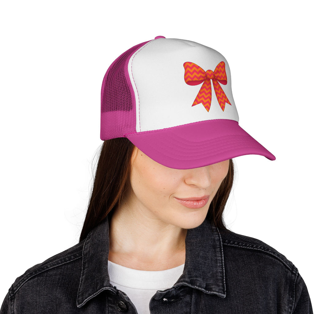 Charming Bow Trucker Cap | Cute Accessory for Everyday Wear, Gift for Birthdays, Cute Trucker Hat, Orange and Pink Chevron