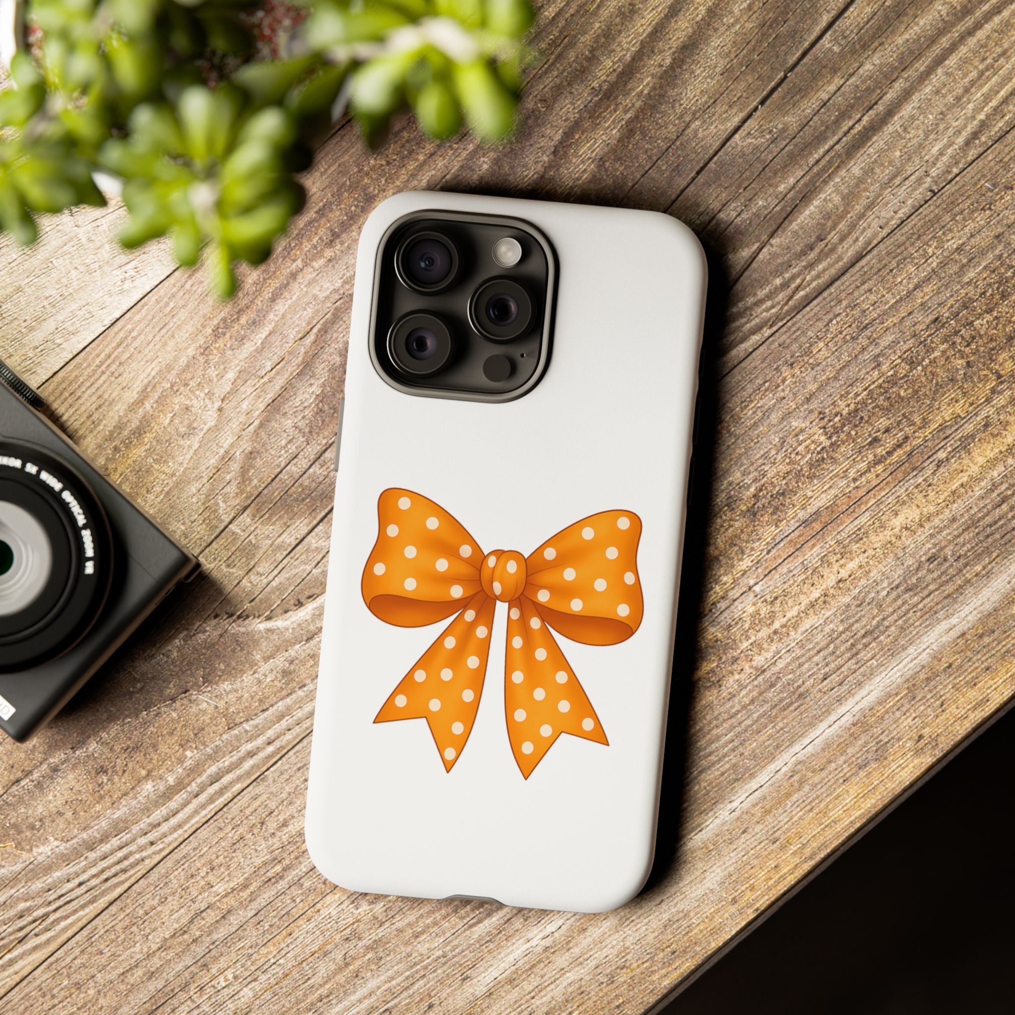 Stylish Phone Case - Orange and White Polka Dot Bow - Tough Cases