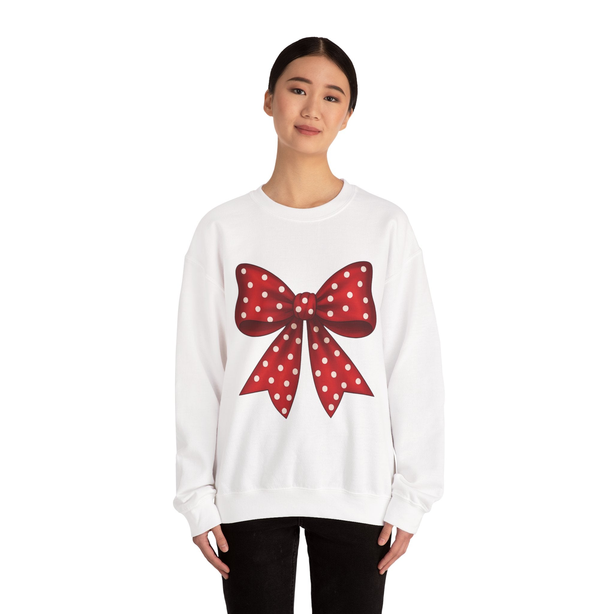 Christmas Polka Dot Bow Sweater, Cute Unisex Crewneck, Christmas Gift, Bow Sweatshirt, Red and White Bow