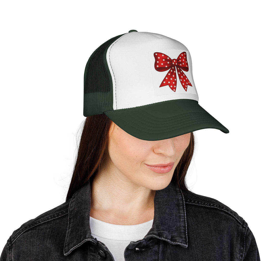 Red Polka Dot Bow Trucker Cap | Cute Accessory for Everyday Wear, Gift for Birthdays, Christmas Hat, Cute Trucker Hat, Rainbow Bow Hat