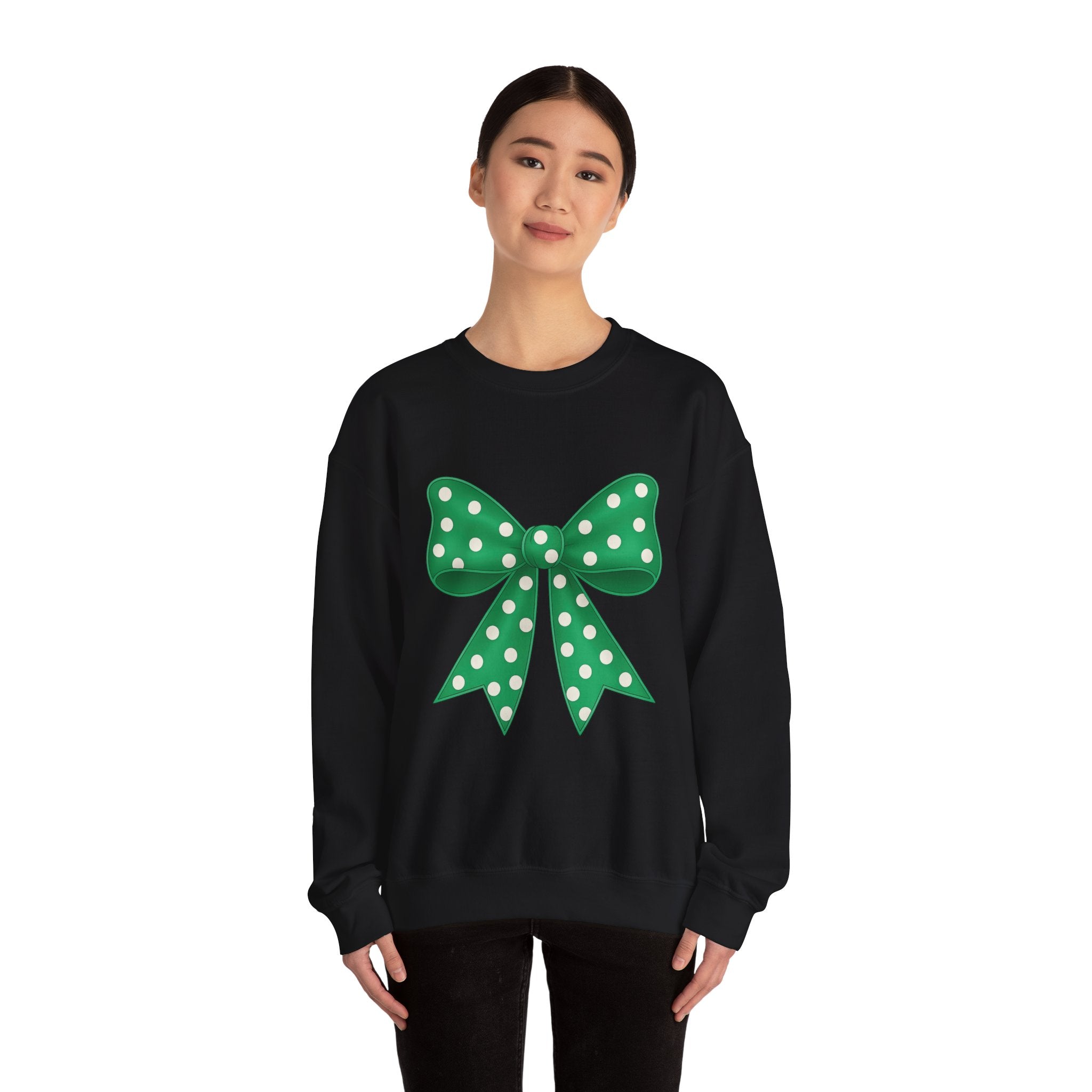 Christmas Polka Dot Bow Sweater, Cute Unisex Crewneck, Christmas Gift, Bow Sweatshirt, Greenand White Bow