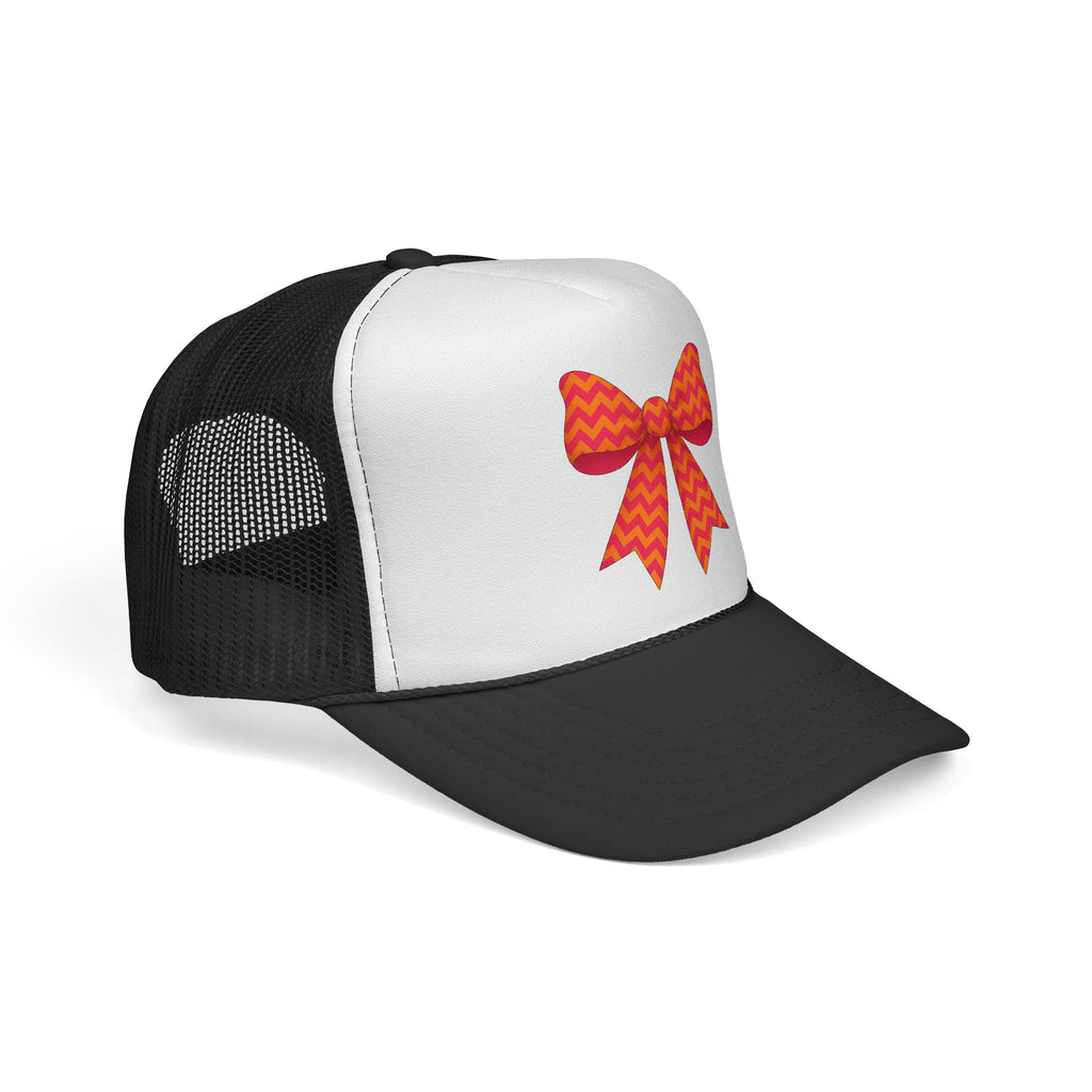 Charming Bow Trucker Cap | Cute Accessory for Everyday Wear, Gift for Birthdays, Cute Trucker Hat, Orange and Pink Chevron