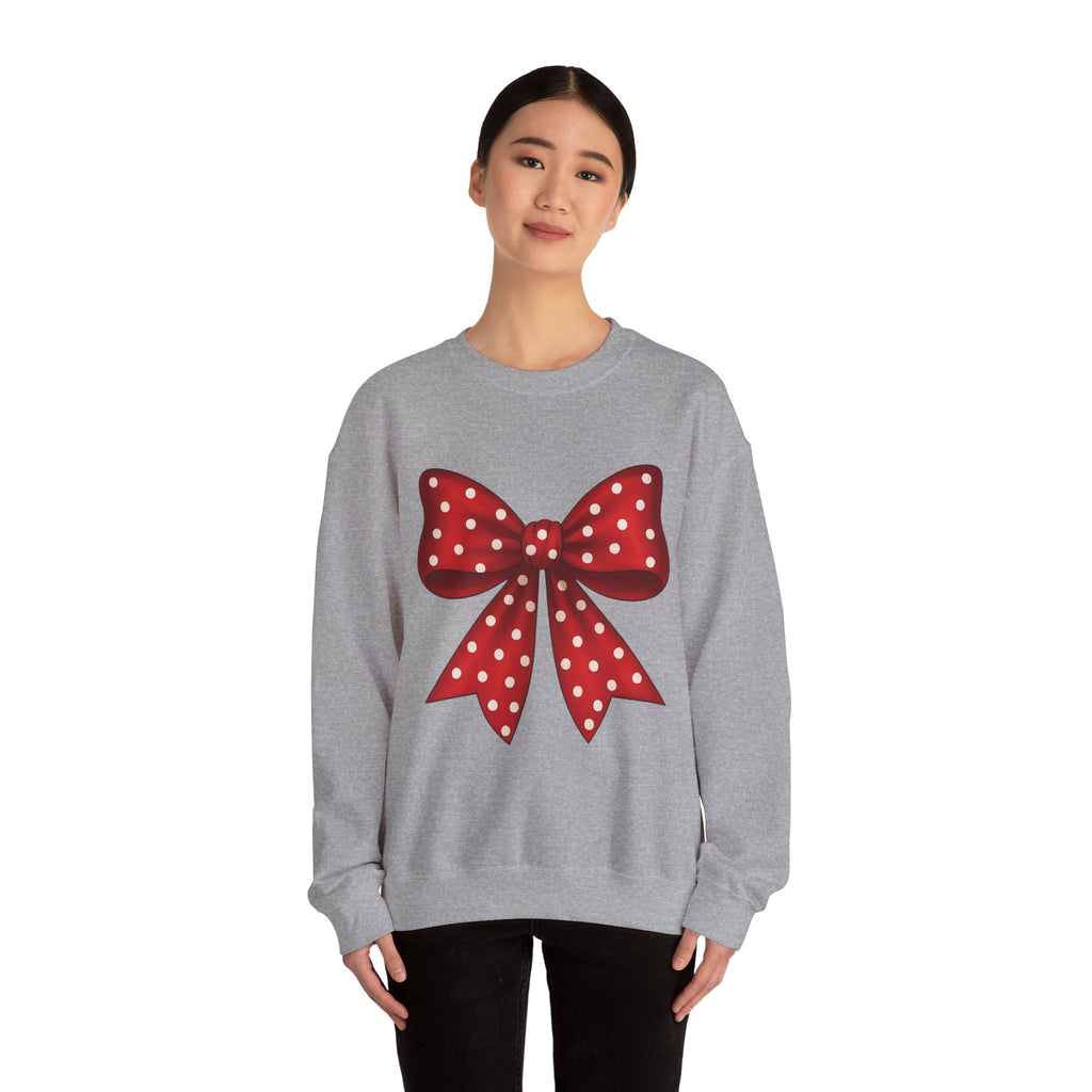 Christmas Polka Dot Bow Sweater, Cute Unisex Crewneck, Christmas Gift, Bow Sweatshirt, Red and White Bow