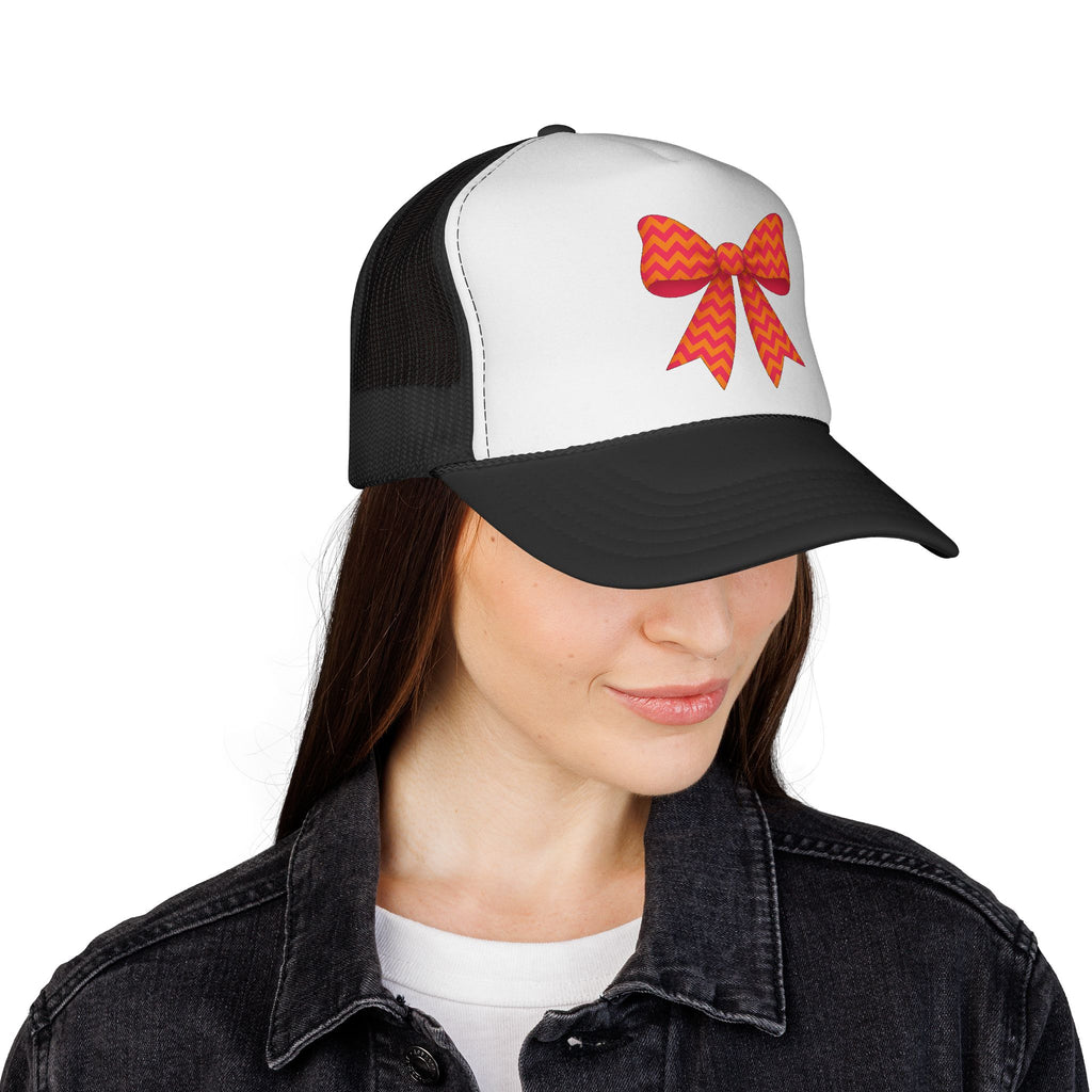 Charming Bow Trucker Cap | Cute Accessory for Everyday Wear, Gift for Birthdays, Cute Trucker Hat, Orange and Pink Chevron