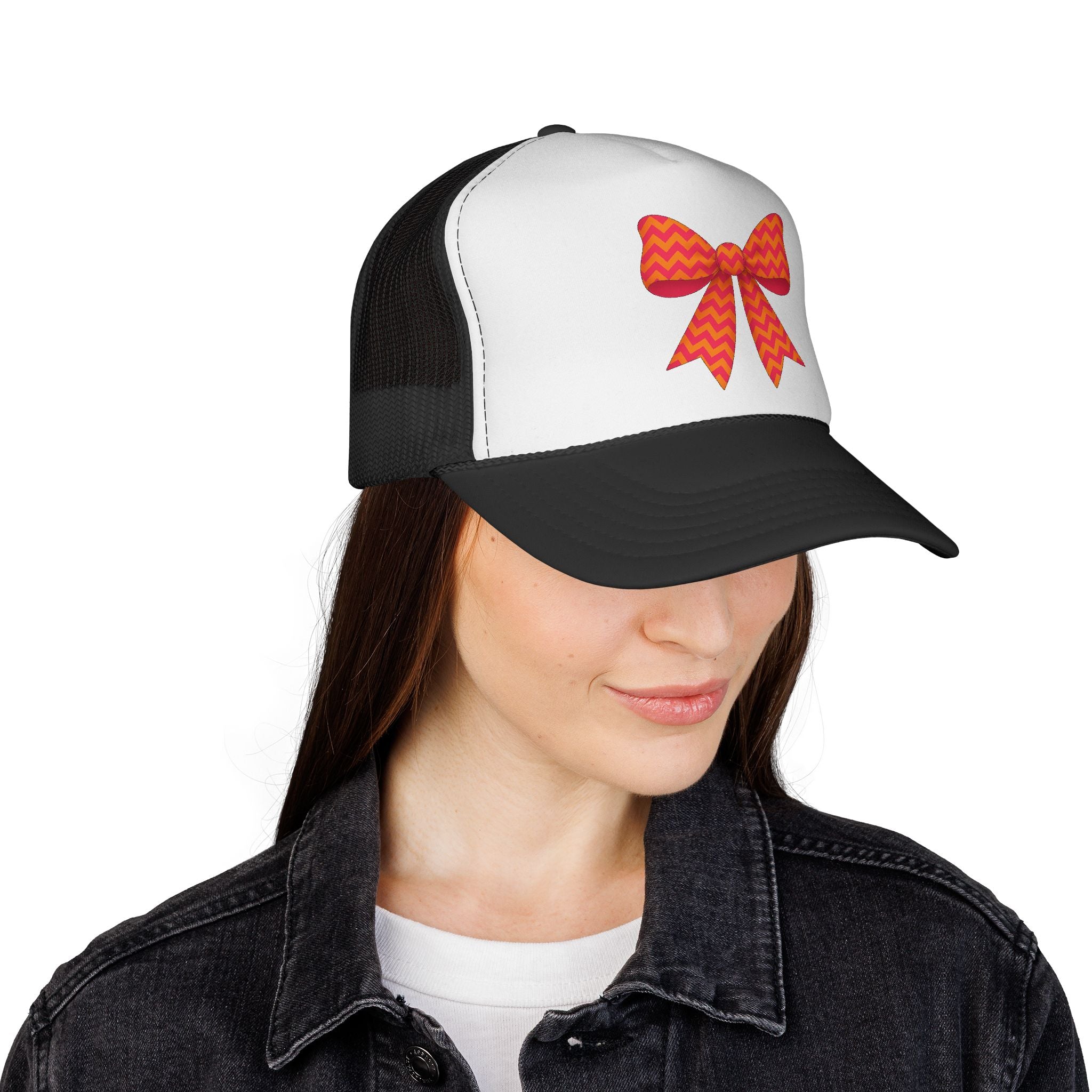 Charming Bow Trucker Cap | Cute Accessory for Everyday Wear, Gift for Birthdays, Cute Trucker Hat, Orange and Pink Chevron