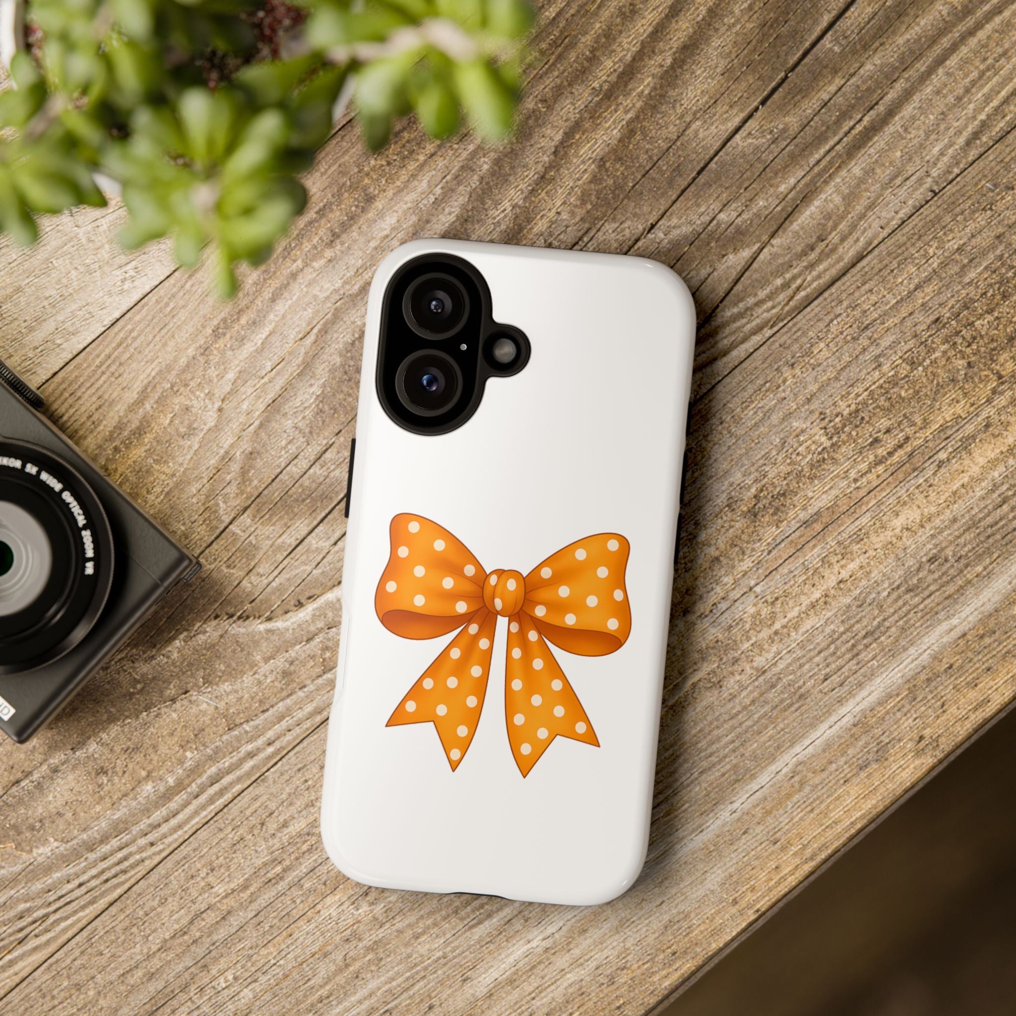 Stylish Phone Case - Orange and White Polka Dot Bow - Tough Cases