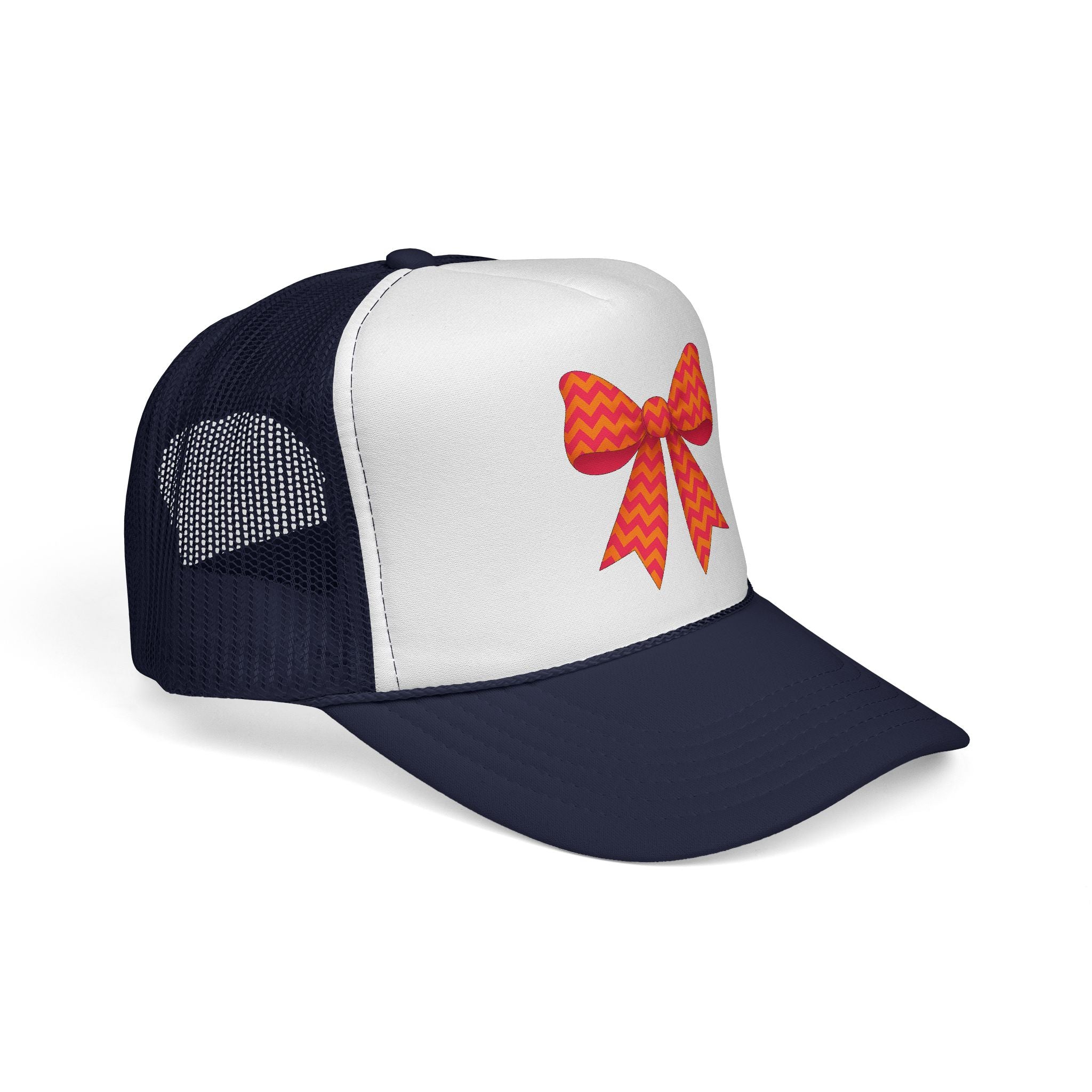 Charming Bow Trucker Cap | Cute Accessory for Everyday Wear, Gift for Birthdays, Cute Trucker Hat, Orange and Pink Chevron