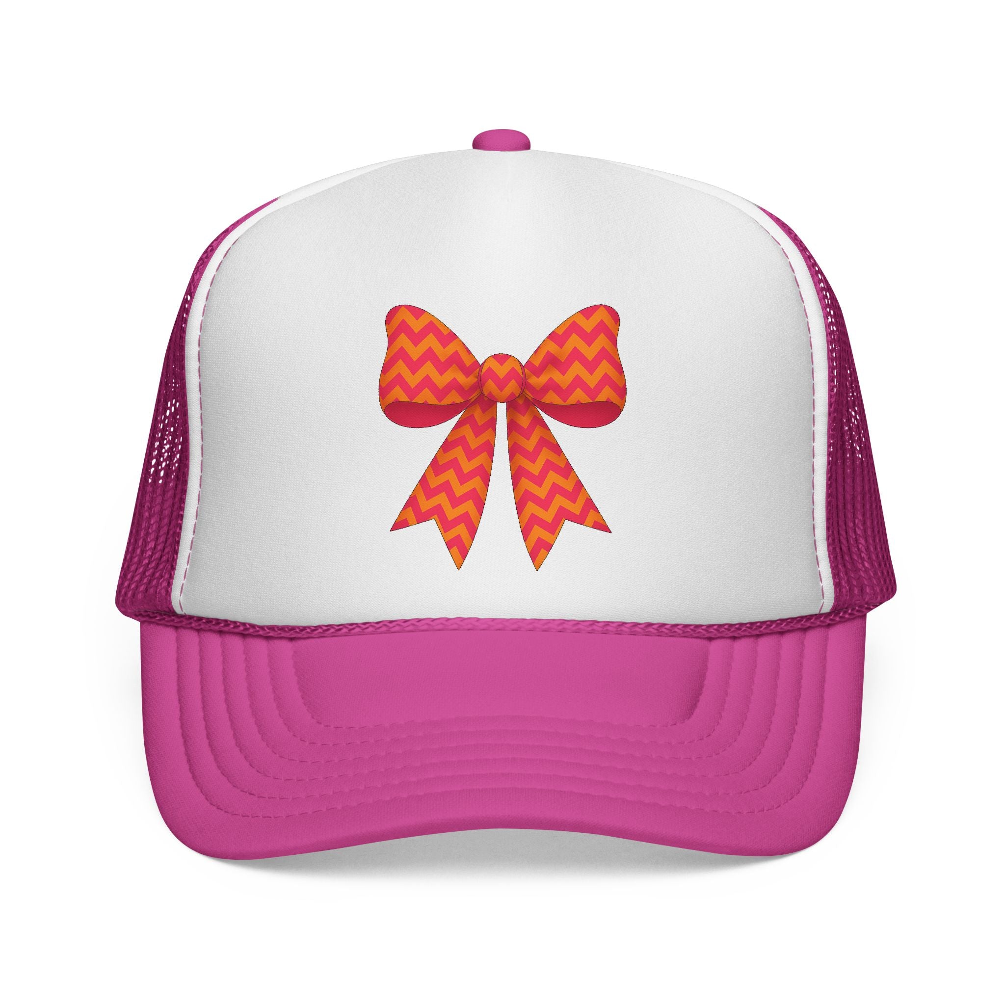 Charming Bow Trucker Cap | Cute Accessory for Everyday Wear, Gift for Birthdays, Cute Trucker Hat, Orange and Pink Chevron