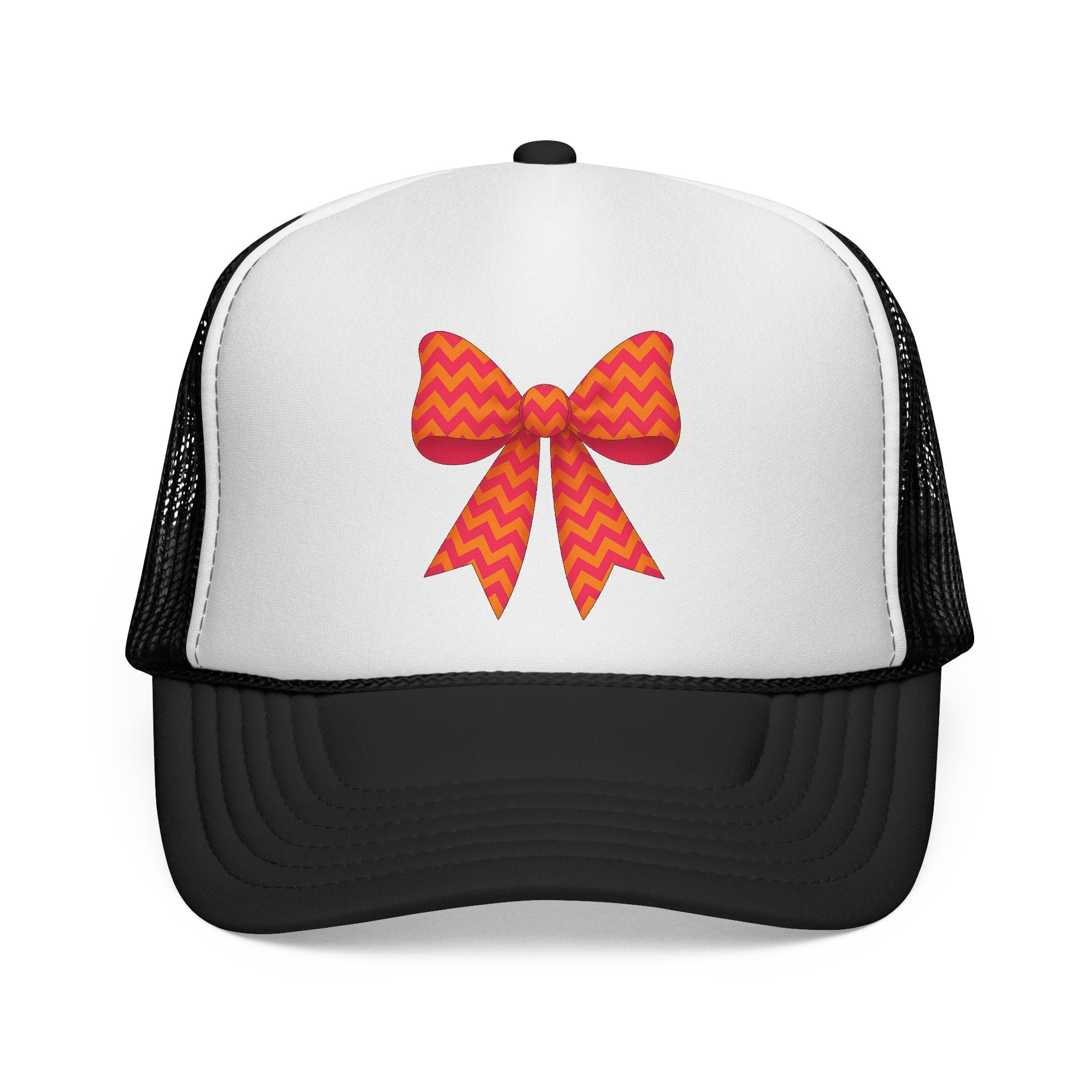 Charming Bow Trucker Cap | Cute Accessory for Everyday Wear, Gift for Birthdays, Cute Trucker Hat, Orange and Pink Chevron