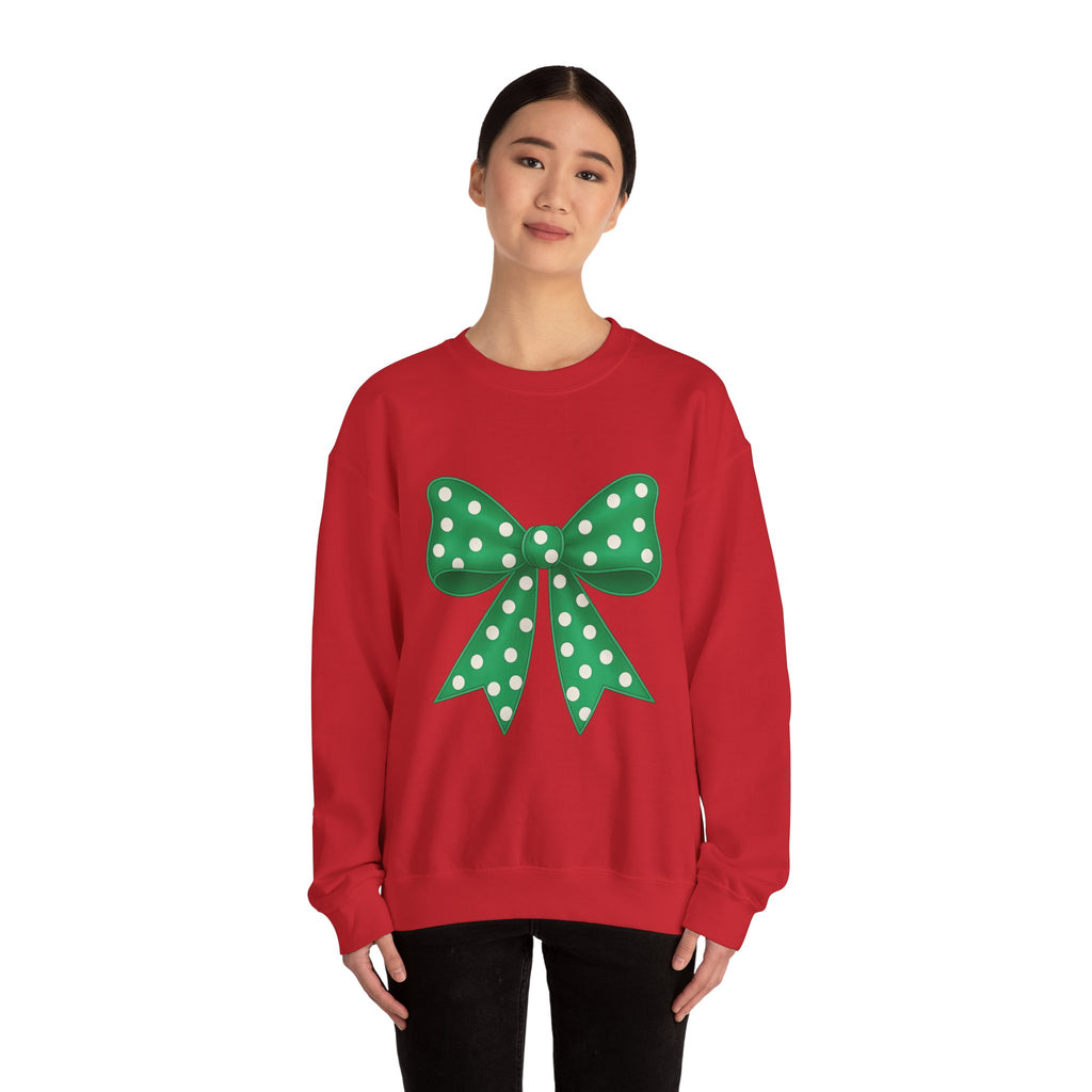 Christmas Polka Dot Bow Sweater, Cute Unisex Crewneck, Christmas Gift, Bow Sweatshirt, Greenand White Bow