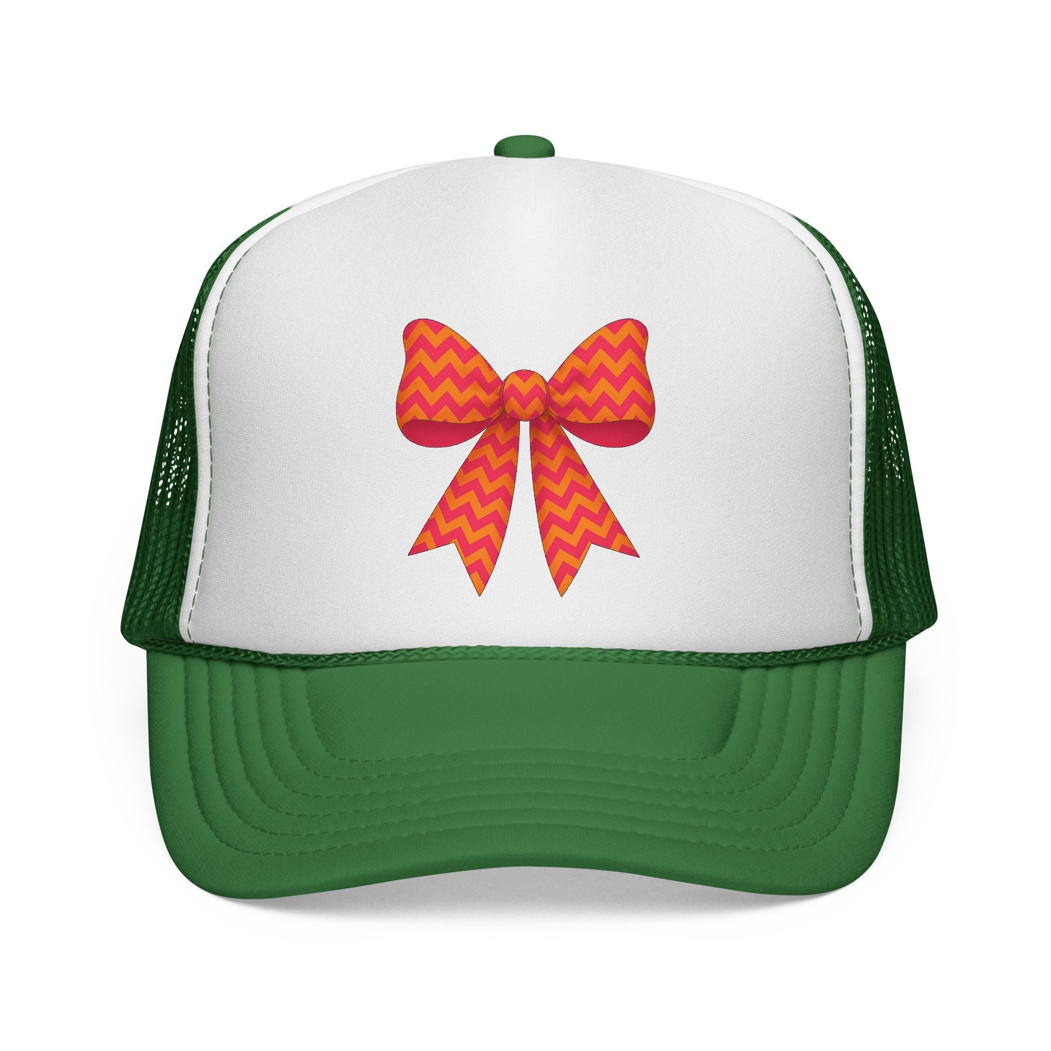 Charming Bow Trucker Cap | Cute Accessory for Everyday Wear, Gift for Birthdays, Cute Trucker Hat, Orange and Pink Chevron