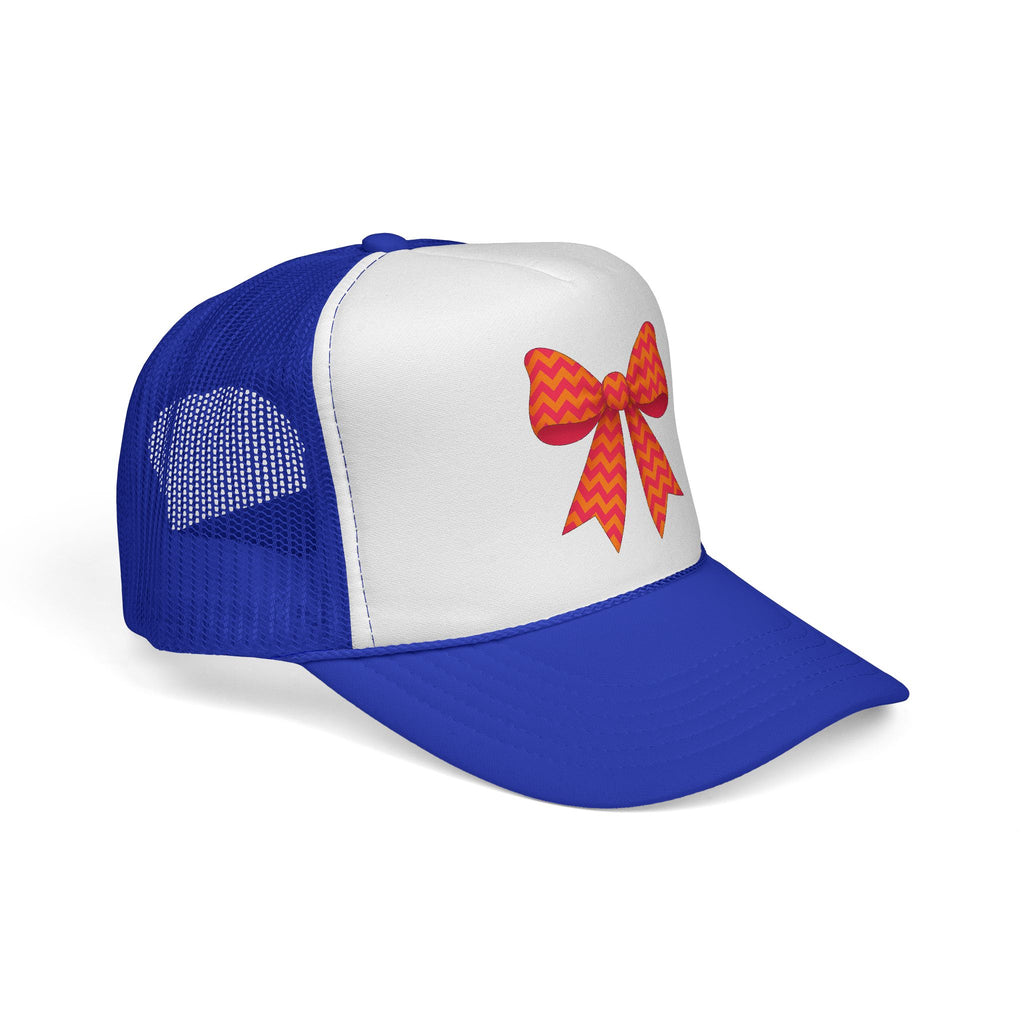 Charming Bow Trucker Cap | Cute Accessory for Everyday Wear, Gift for Birthdays, Cute Trucker Hat, Orange and Pink Chevron