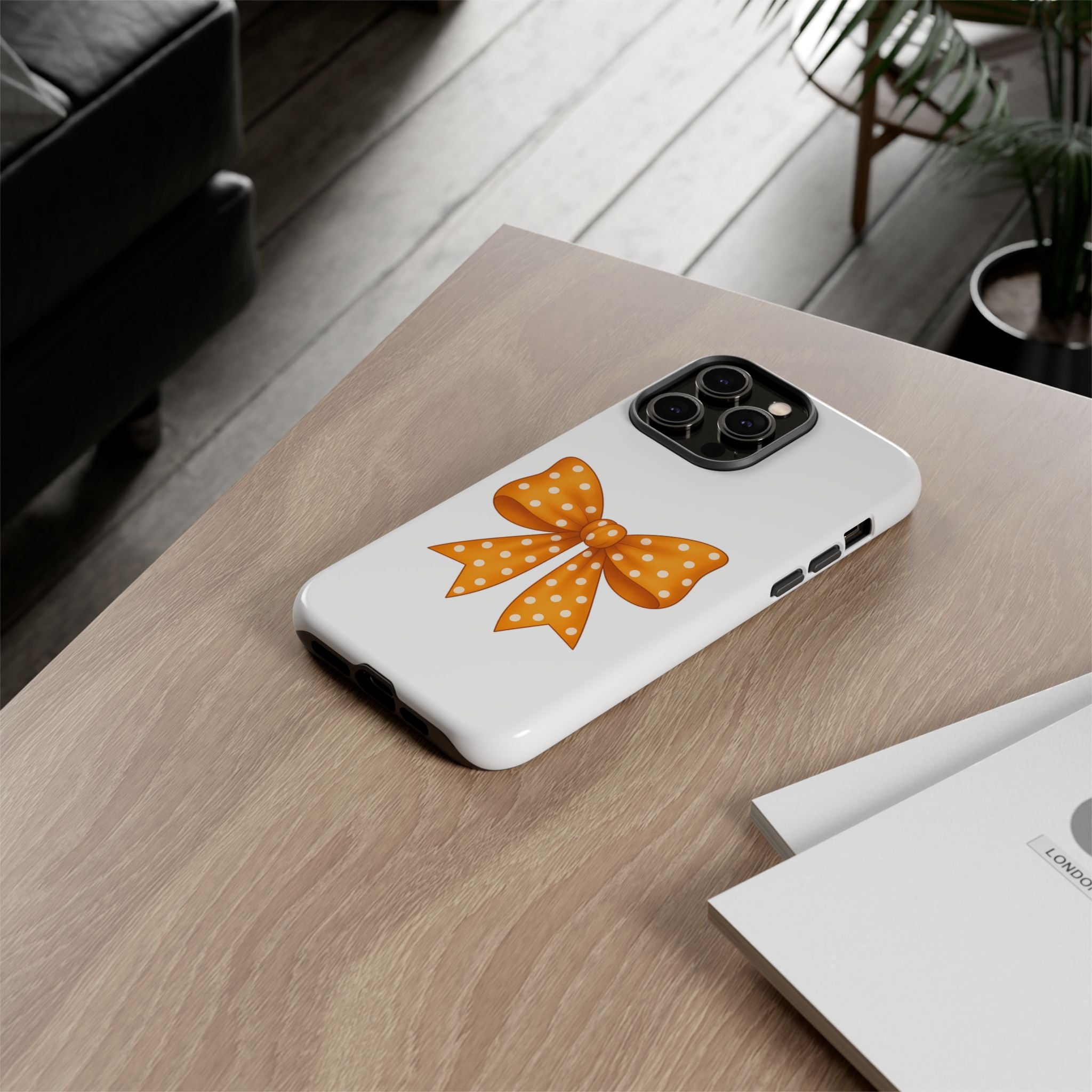 Stylish Phone Case - Orange and White Polka Dot Bow - Tough Cases