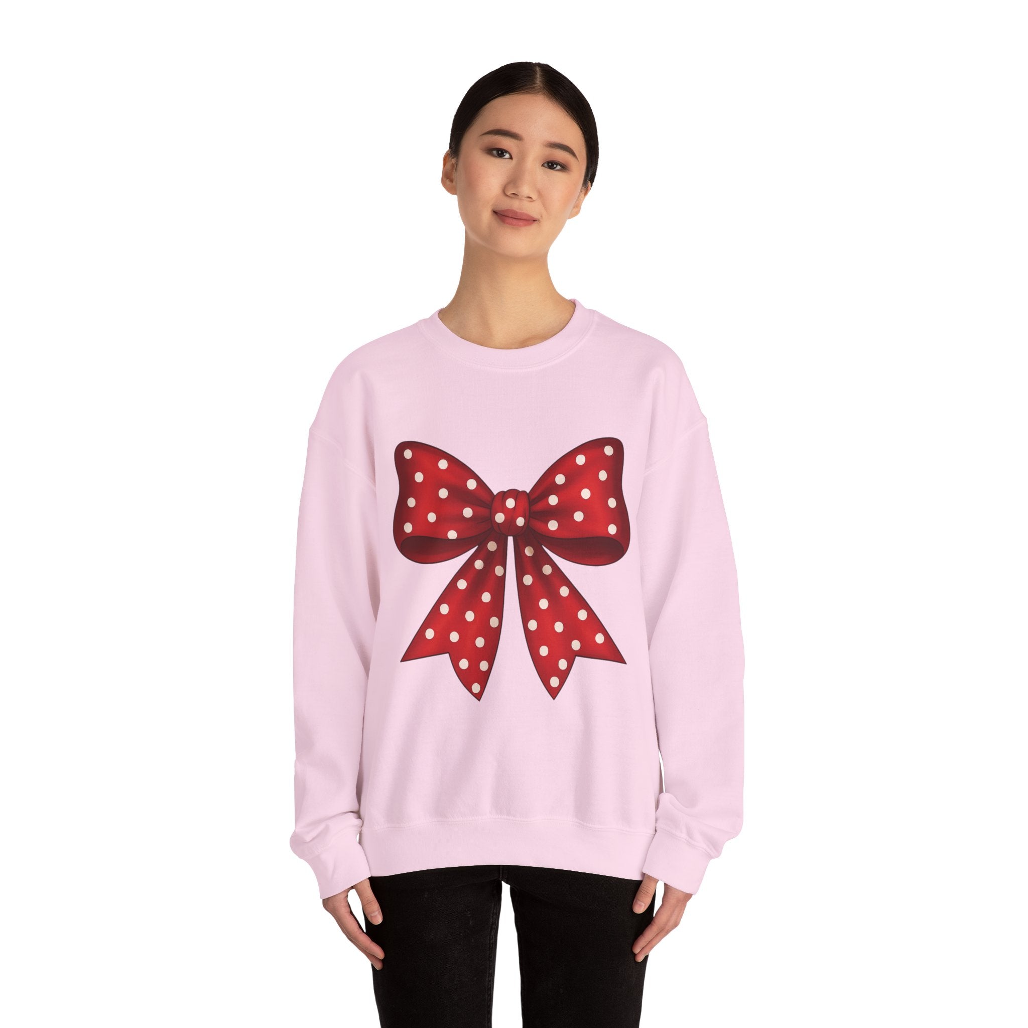 Christmas Polka Dot Bow Sweater, Cute Unisex Crewneck, Christmas Gift, Bow Sweatshirt, Red and White Bow