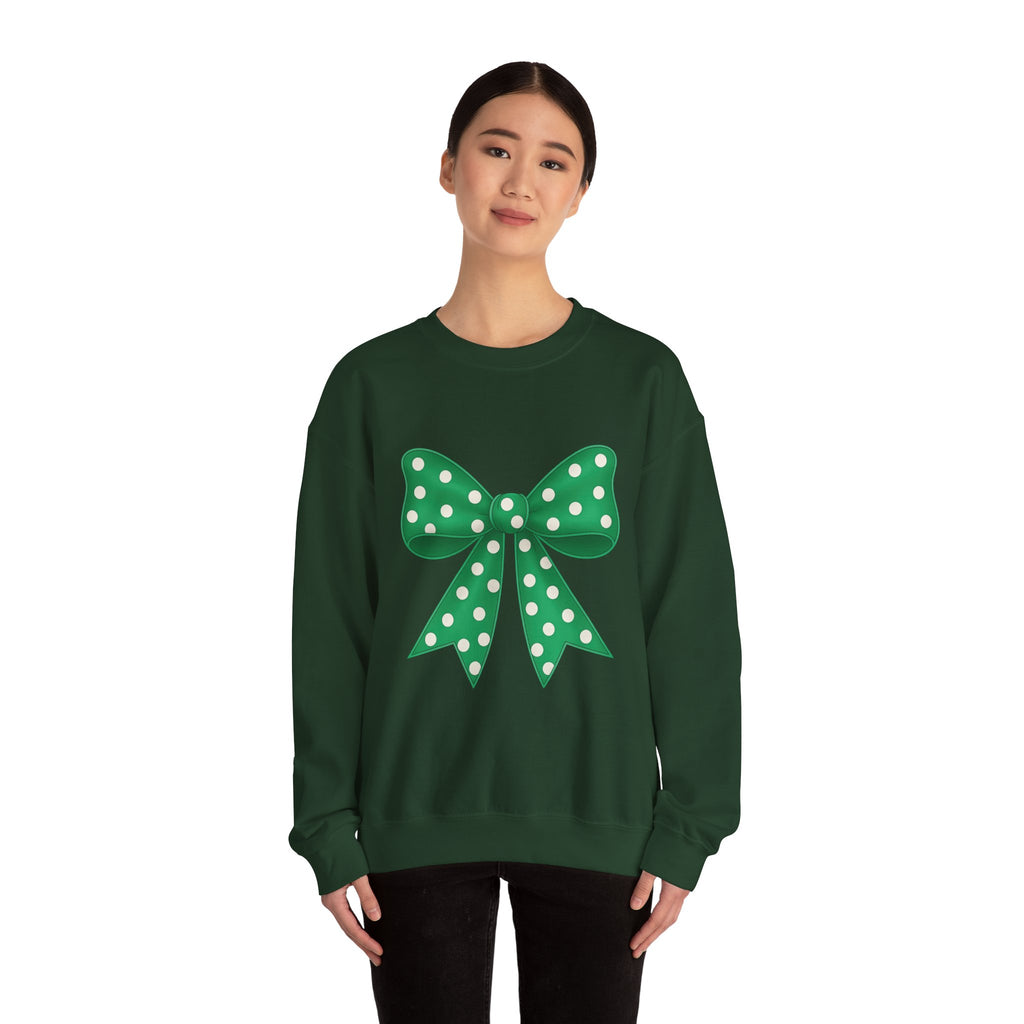 Green and White Polka Dot Bow Sweatshirt for Girls, Cute Unisex Crewneck, Birthday Gift, Bow Sweatshirt,