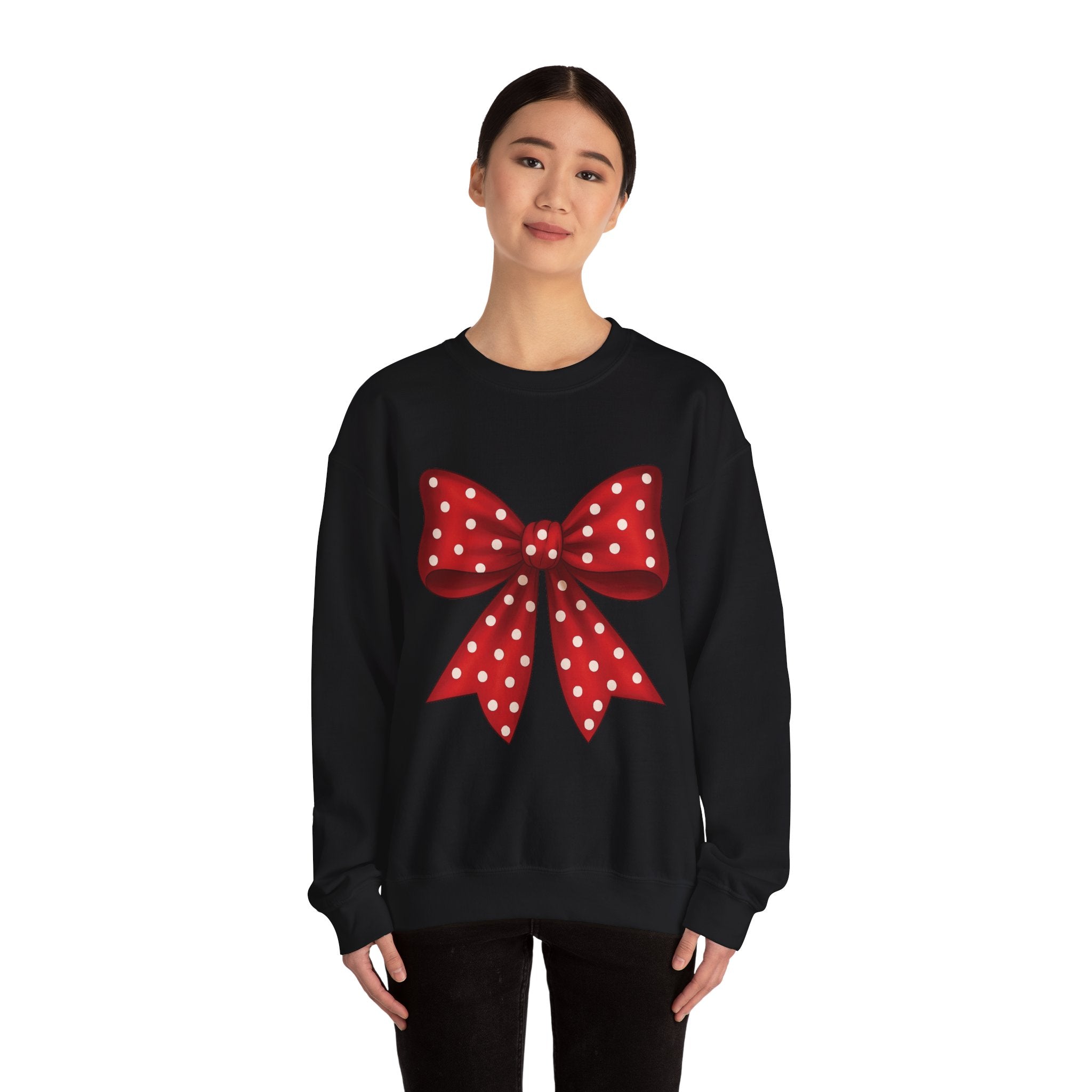 Christmas Polka Dot Bow Sweater, Cute Unisex Crewneck, Christmas Gift, Bow Sweatshirt, Red and White Bow