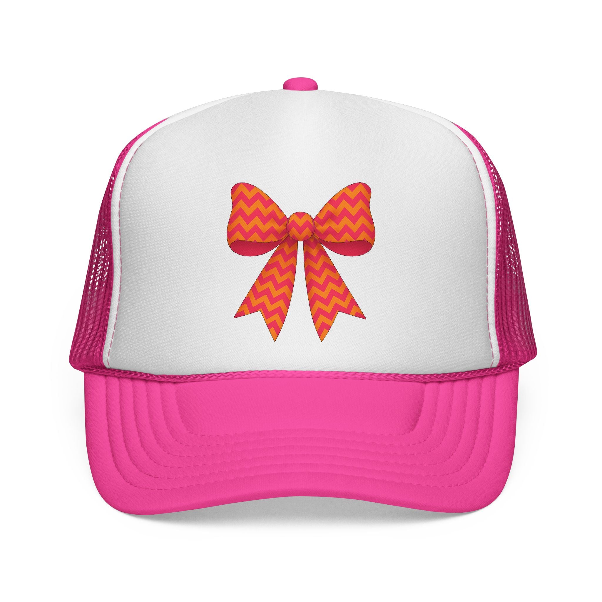 Charming Bow Trucker Cap | Cute Accessory for Everyday Wear, Gift for Birthdays, Cute Trucker Hat, Orange and Pink Chevron
