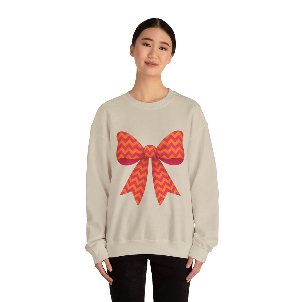 Orange and Pink Chevron Bow Sweatshirt, Cute Unisex Crewneck, Birthday Gift, Bow Sweatshirt, Bow Sweater