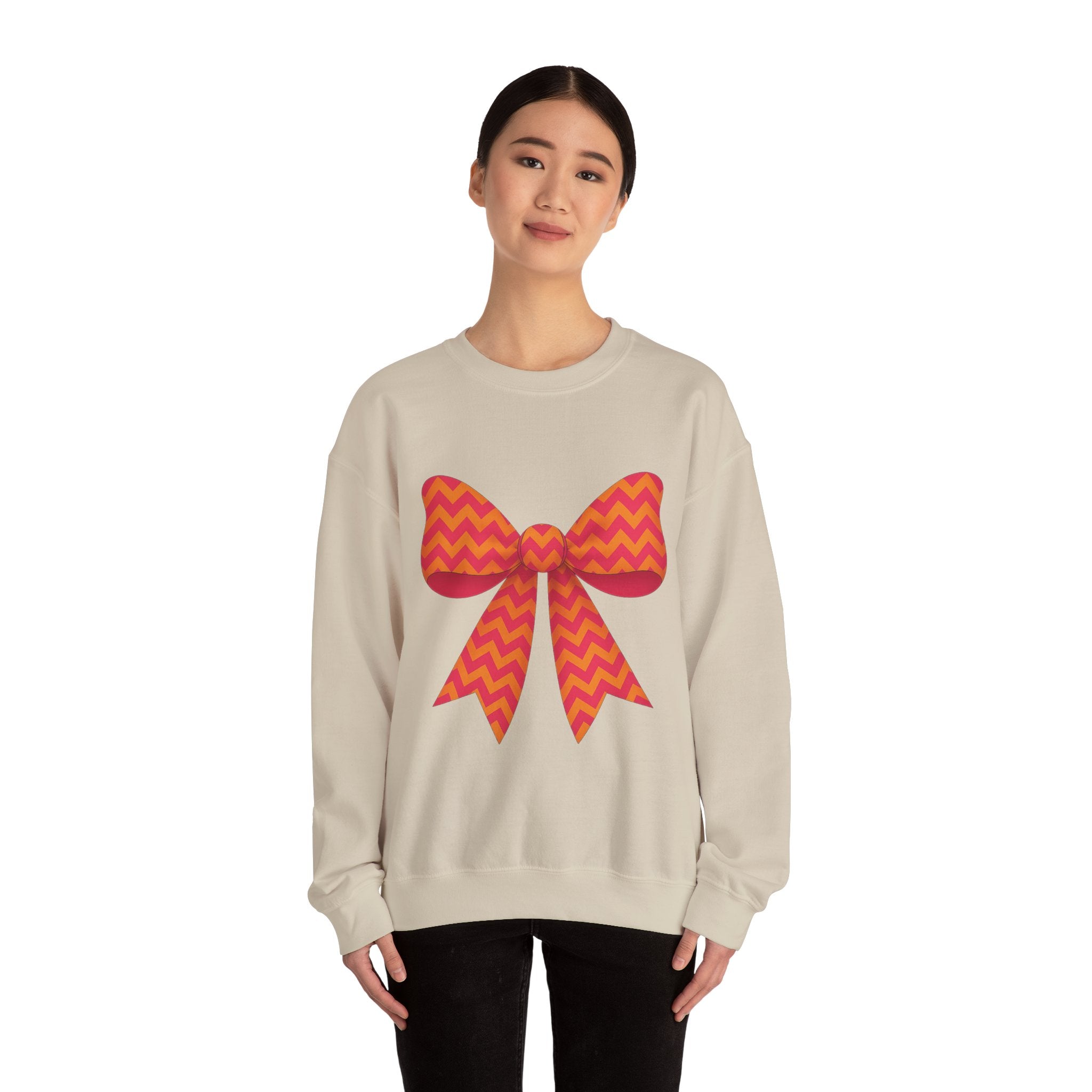 Orange and Pink Chevron Bow Sweatshirt, Cute Unisex Crewneck, Birthday Gift, Bow Sweatshirt, Bow Sweater