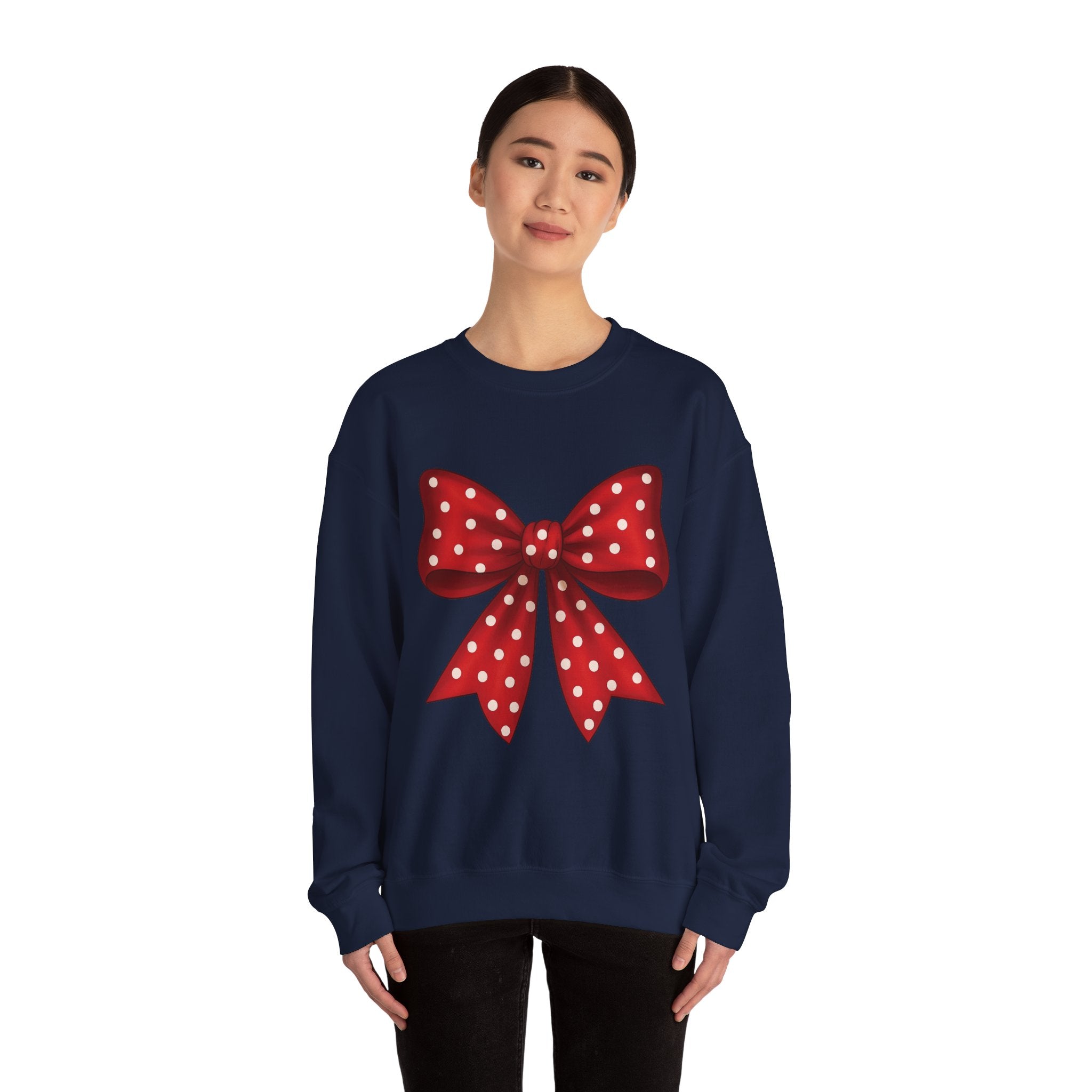 Christmas Polka Dot Bow Sweater, Cute Unisex Crewneck, Christmas Gift, Bow Sweatshirt, Red and White Bow
