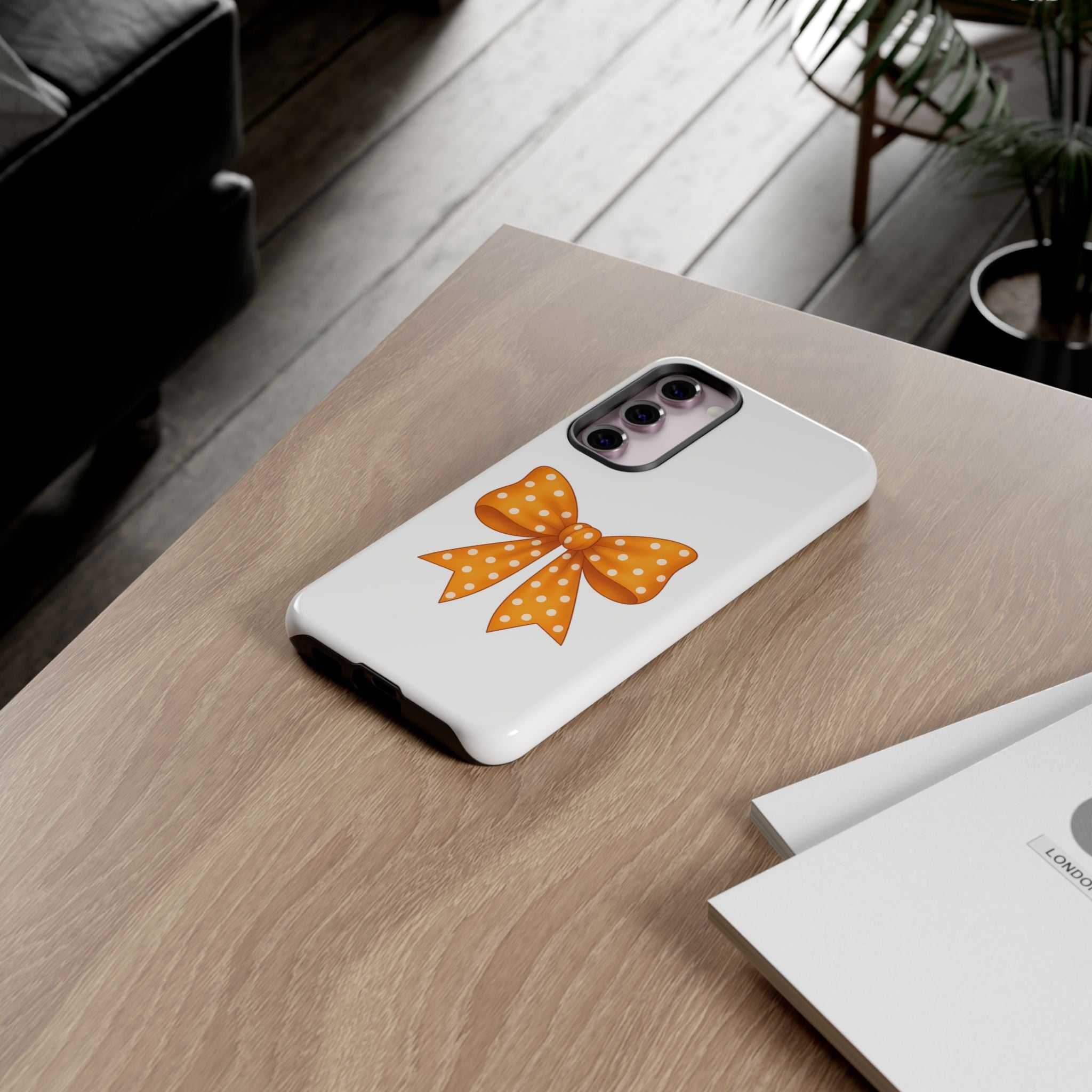 Stylish Phone Case - Orange and White Polka Dot Bow - Tough Cases