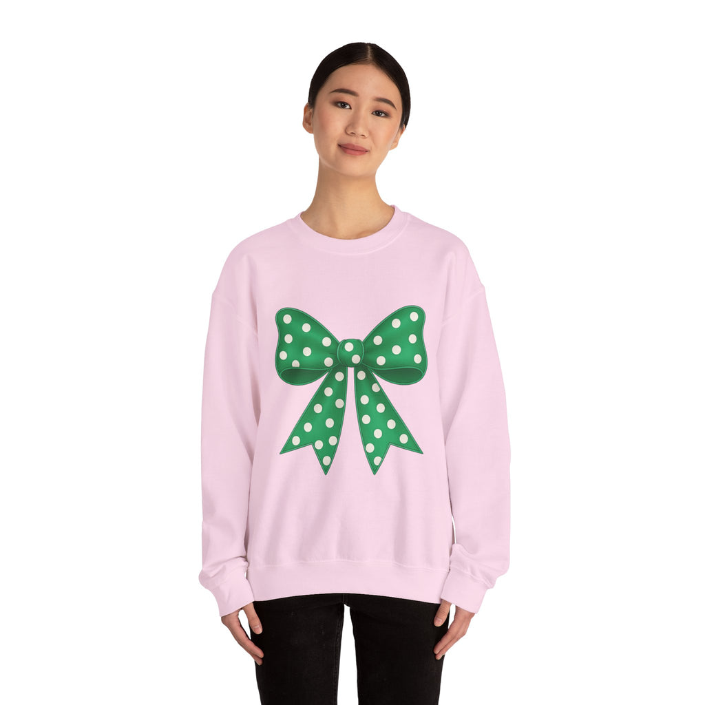 Christmas Polka Dot Bow Sweater, Cute Unisex Crewneck, Christmas Gift, Bow Sweatshirt, Greenand White Bow