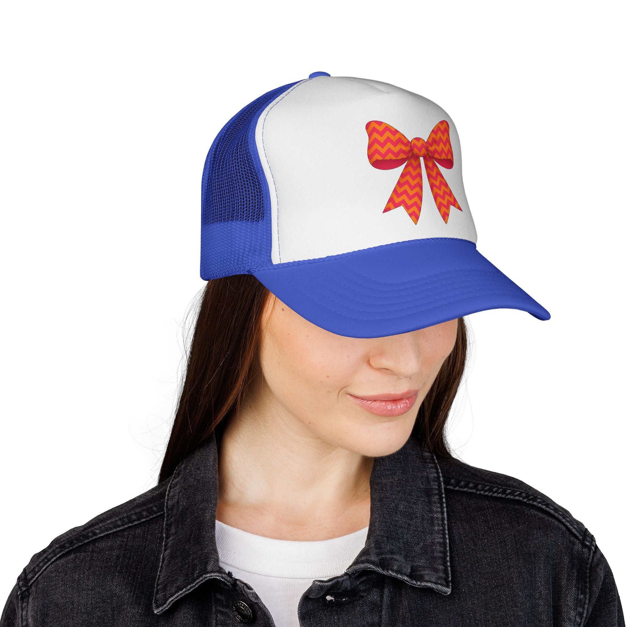 Charming Bow Trucker Cap | Cute Accessory for Everyday Wear, Gift for Birthdays, Cute Trucker Hat, Orange and Pink Chevron
