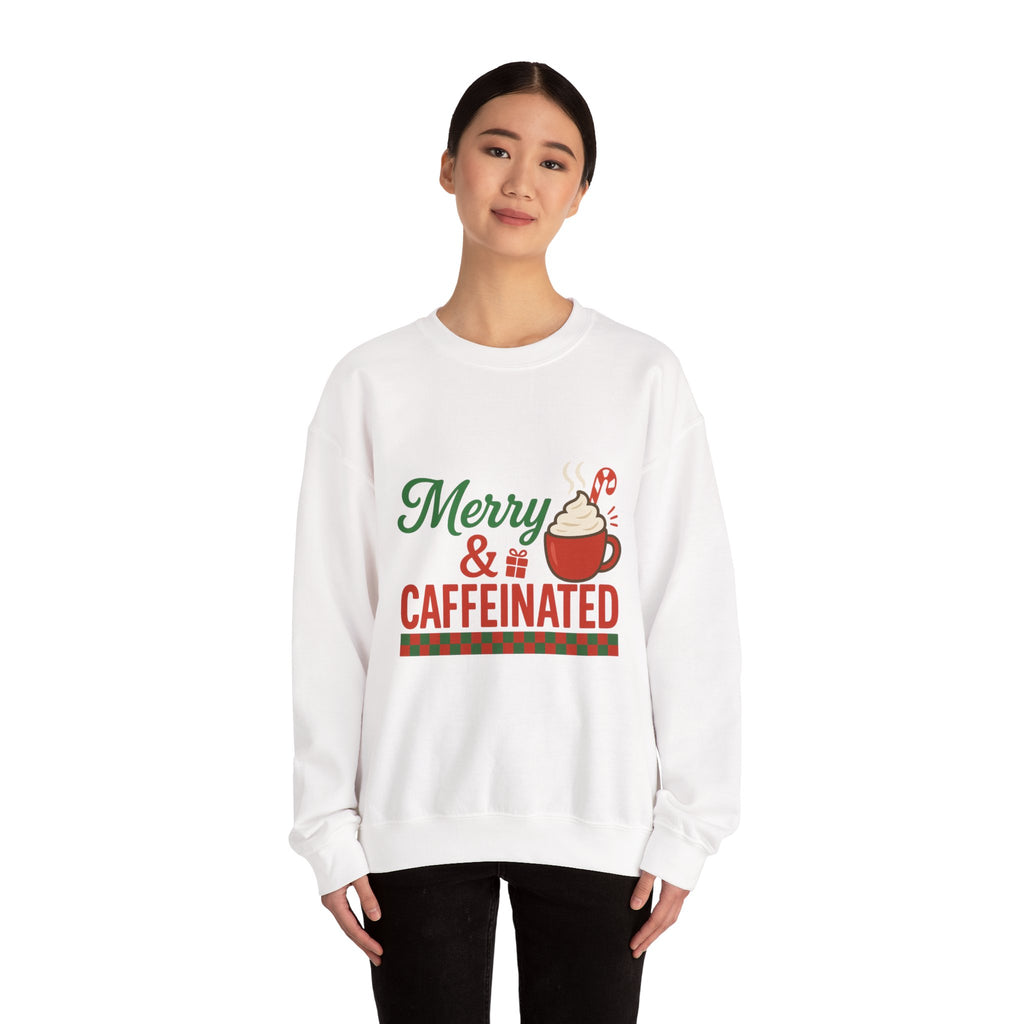Merry & Caffeinated Christmas Sweatshirt - Christmas Fashion, Cozy Gift, Christmas Apparel, Christmas Decor, Christmas Outfit,
