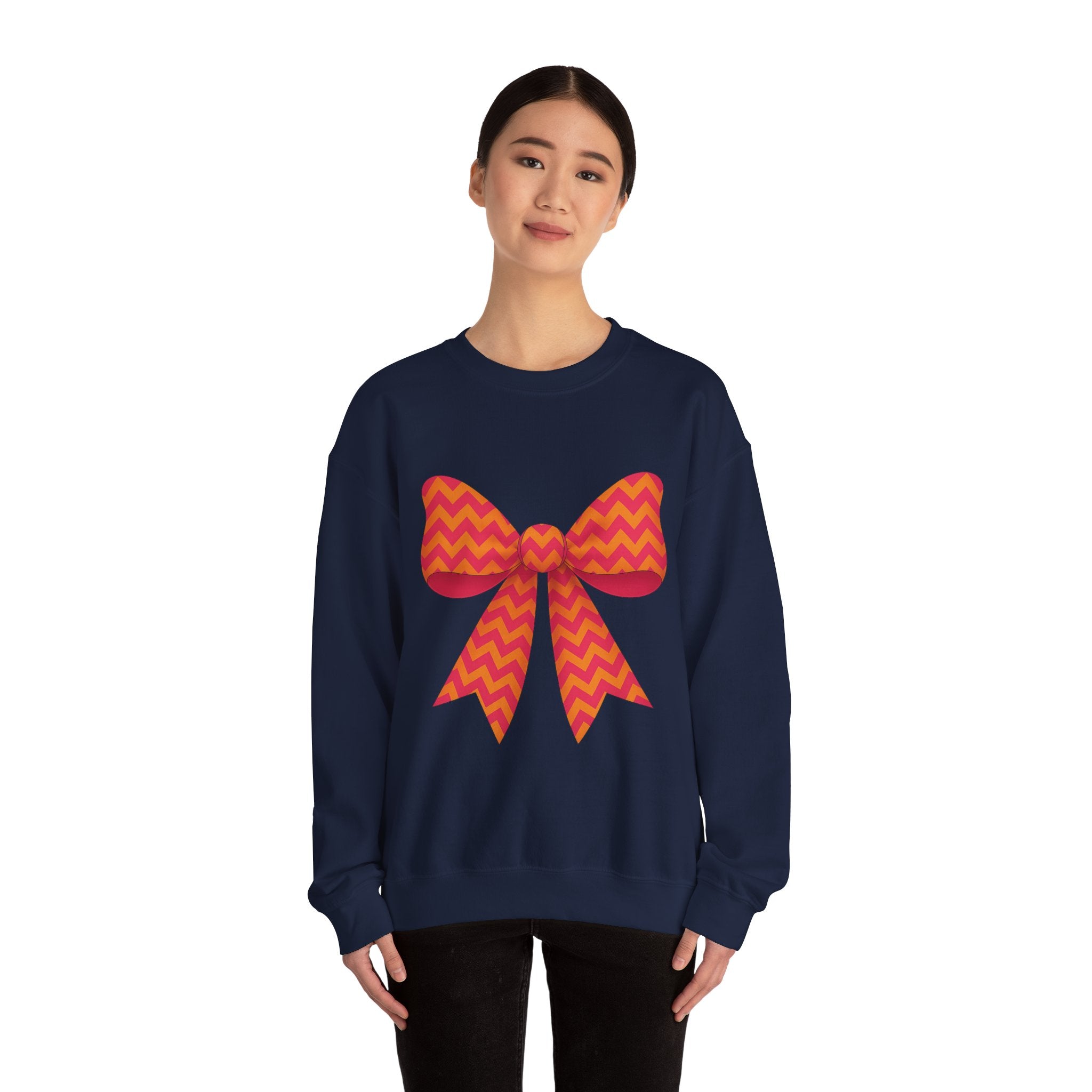 Orange and Pink Chevron Bow Sweatshirt, Cute Unisex Crewneck, Birthday Gift, Bow Sweatshirt, Bow Sweater