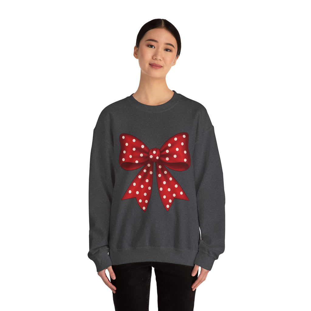 Christmas Polka Dot Bow Sweater, Cute Unisex Crewneck, Christmas Gift, Bow Sweatshirt, Red and White Bow