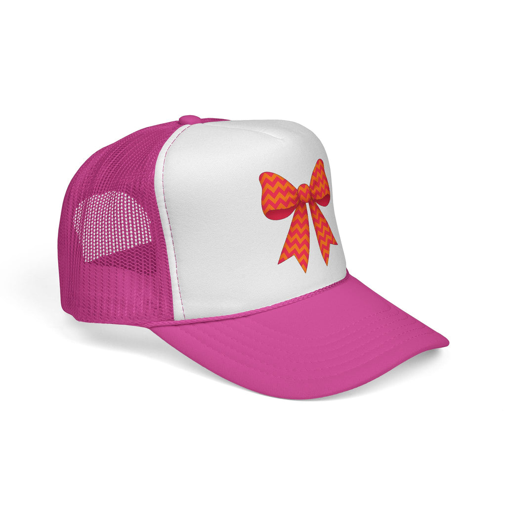 Charming Bow Trucker Cap | Cute Accessory for Everyday Wear, Gift for Birthdays, Cute Trucker Hat, Orange and Pink Chevron