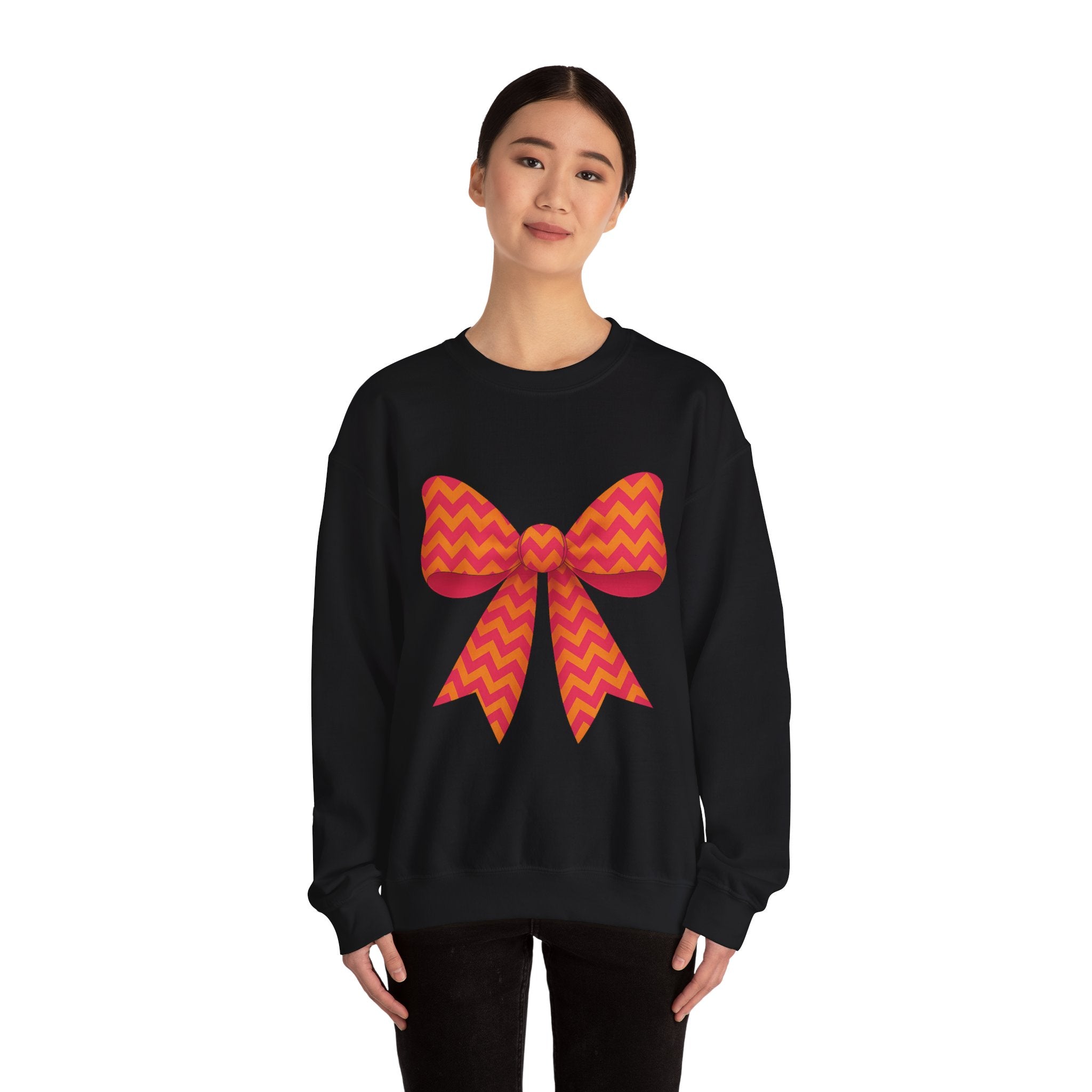 Orange and Pink Chevron Bow Sweatshirt, Cute Unisex Crewneck, Birthday Gift, Bow Sweatshirt, Bow Sweater