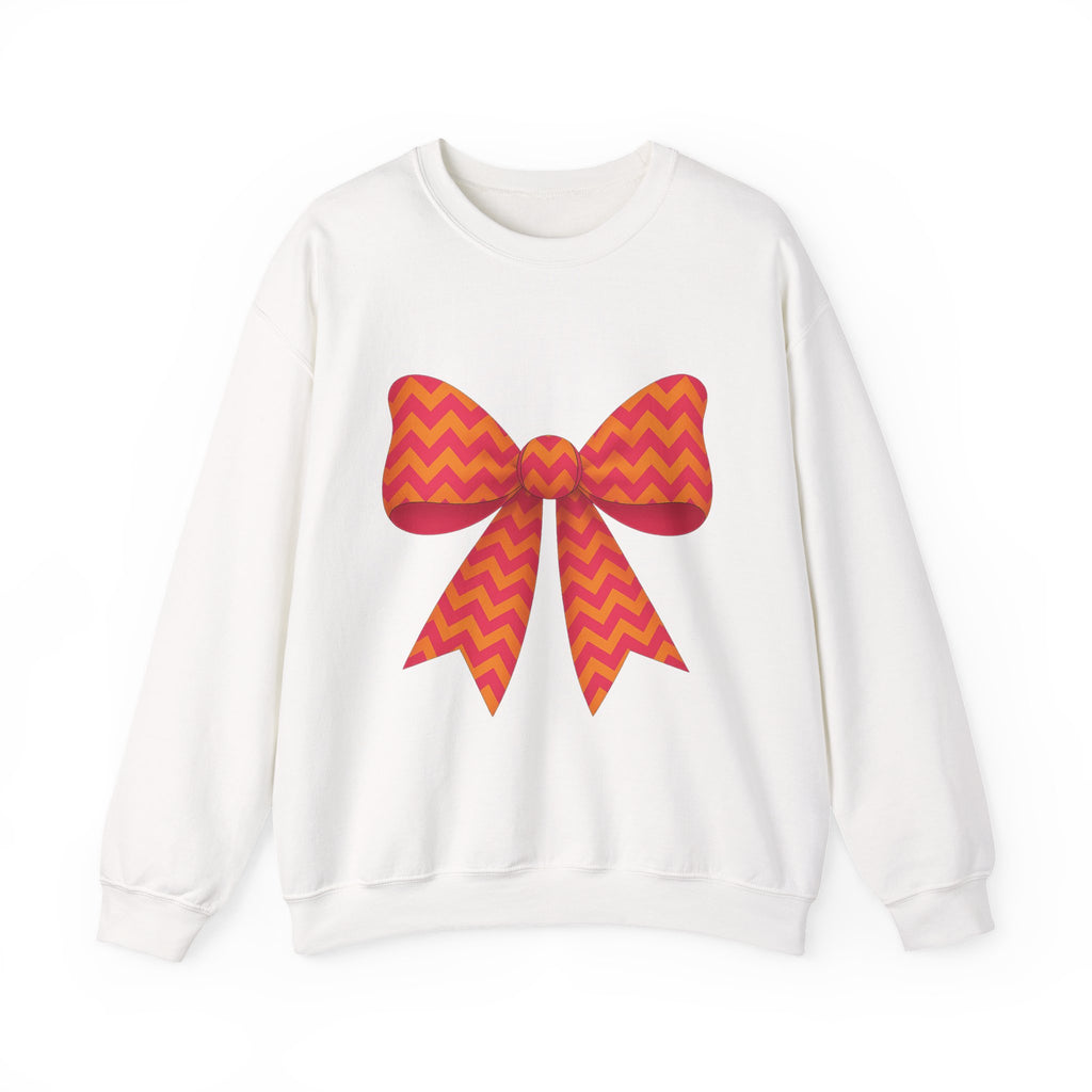 Orange and Pink Chevron Bow Sweatshirt, Cute Unisex Crewneck, Birthday Gift, Bow Sweatshirt, Bow Sweater