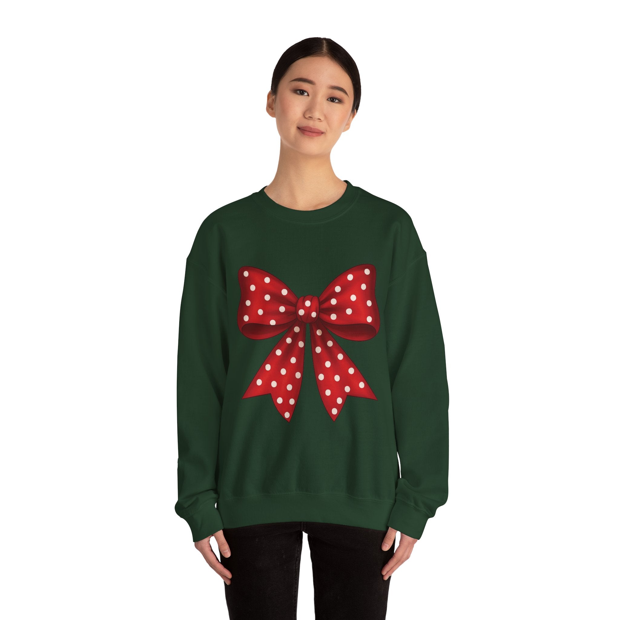 Christmas Polka Dot Bow Sweater, Cute Unisex Crewneck, Christmas Gift, Bow Sweatshirt, Red and White Bow