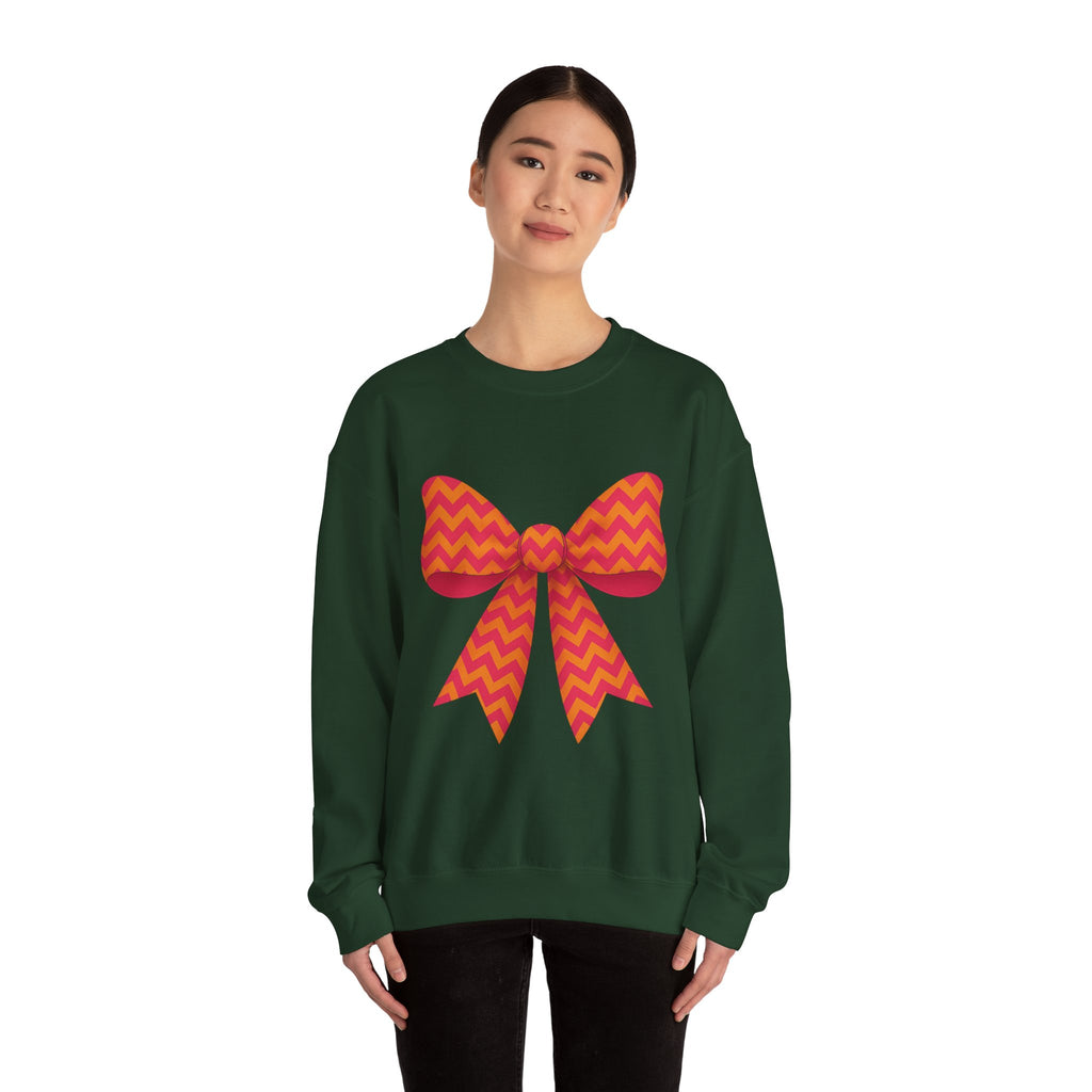 Orange and Pink Chevron Bow Sweatshirt, Cute Unisex Crewneck, Birthday Gift, Bow Sweatshirt, Bow Sweater